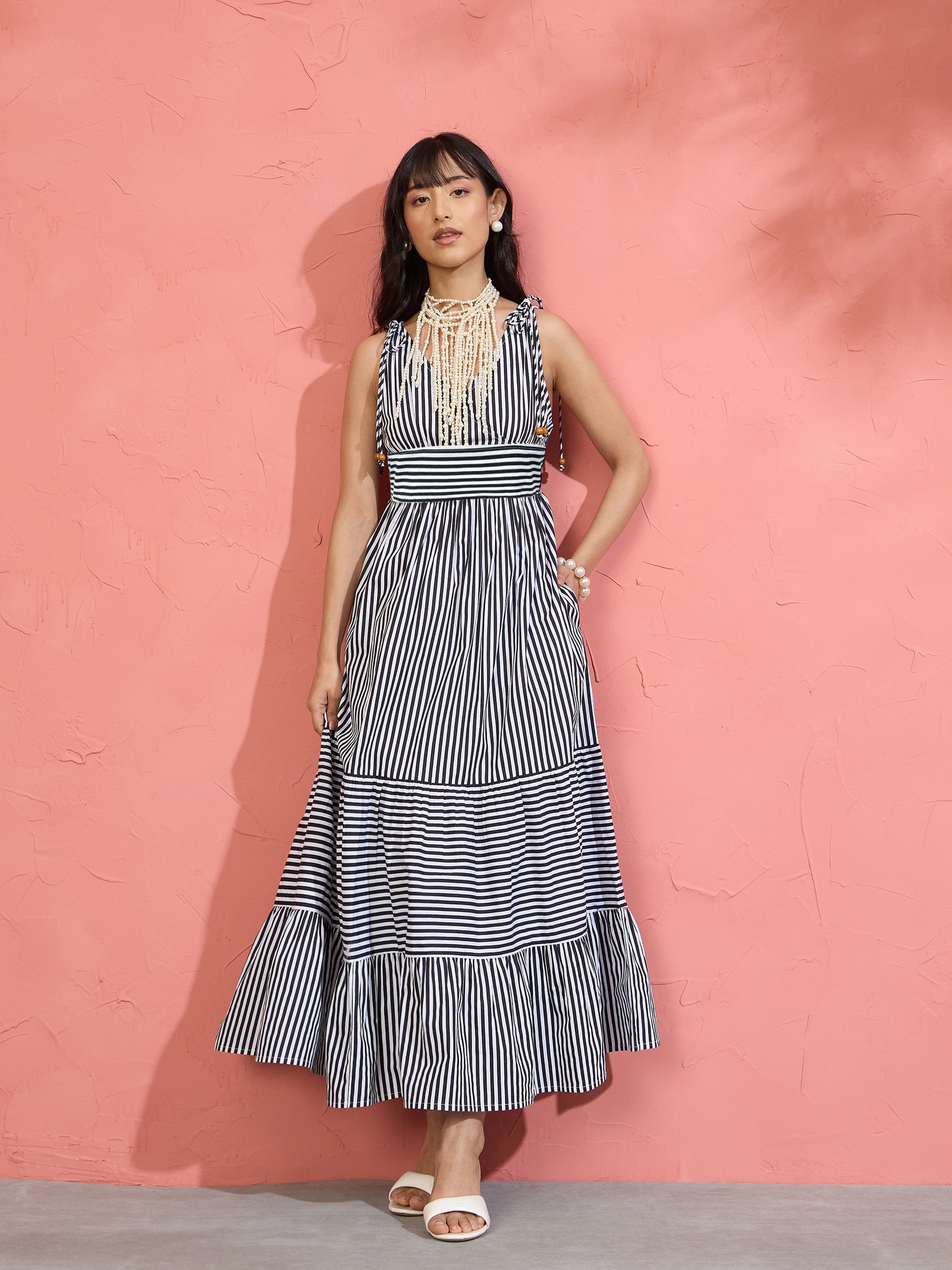 Women Black & White Stripe Strappy Flared Hem Maxi Dress
