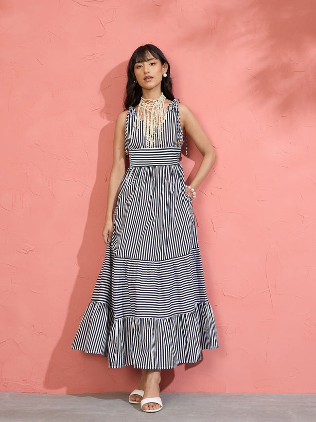 Women Black & White Stripe Strappy Flared Hem Maxi Dress