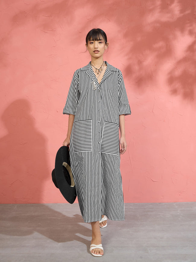 Women Black & White Stripe Notch Collar Midi Dress