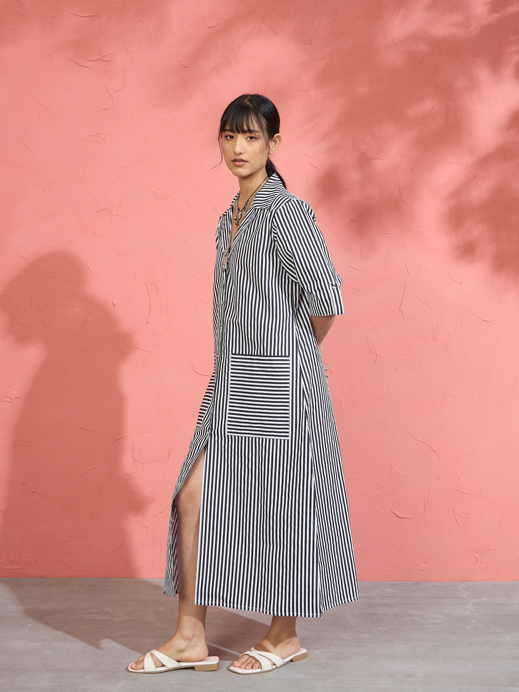 Women Black & White Stripe Notch Collar Midi Dress