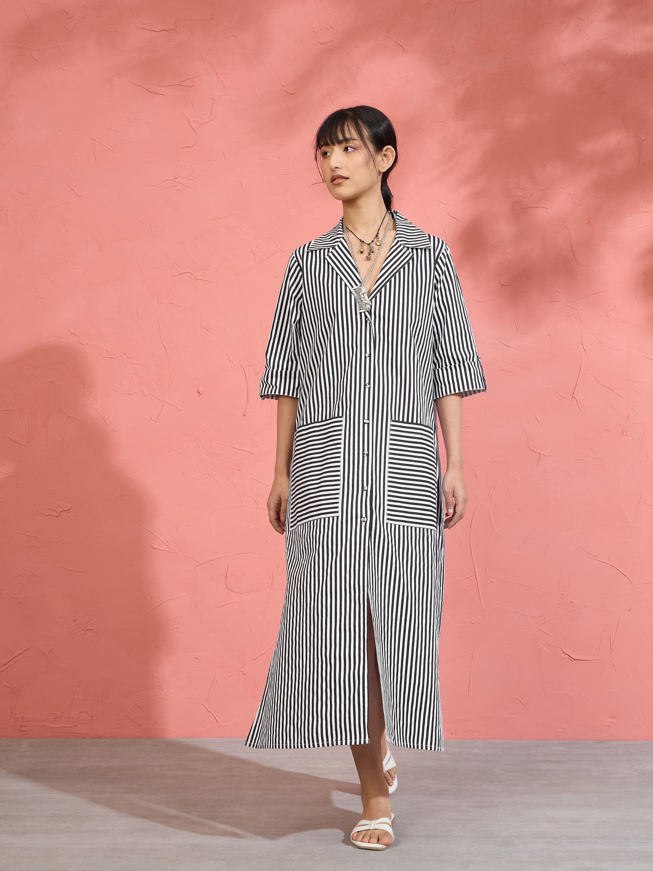 Women Black & White Stripe Notch Collar Midi Dress