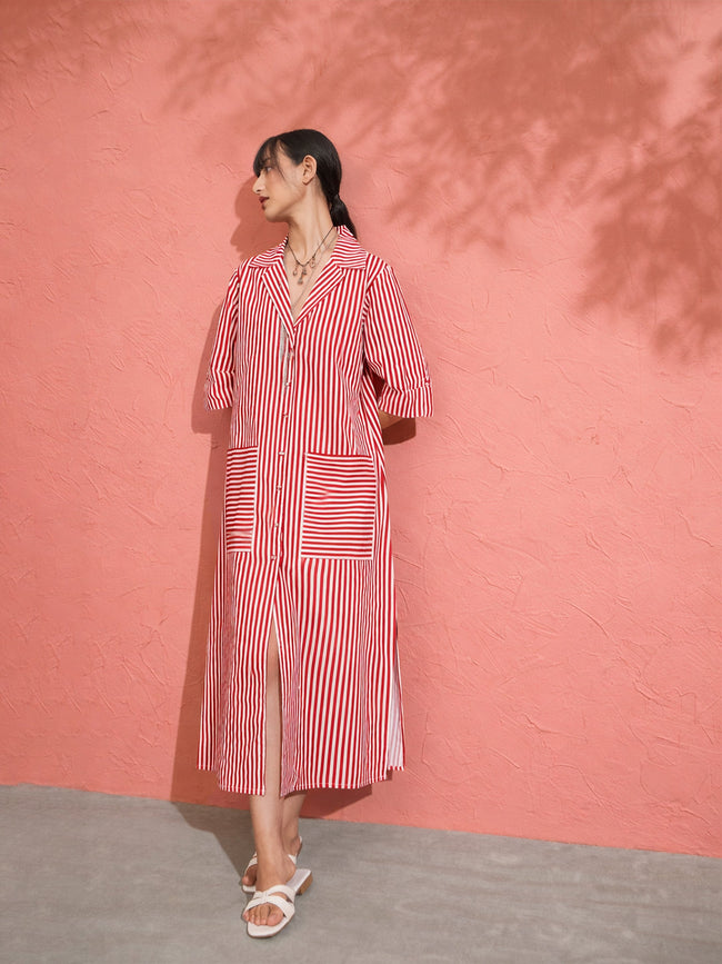 Women Red & White Stripe Notch Collar Midi Dress