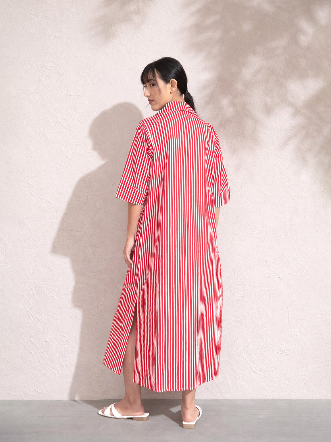 Women Red & White Stripe Notch Collar Midi Dress