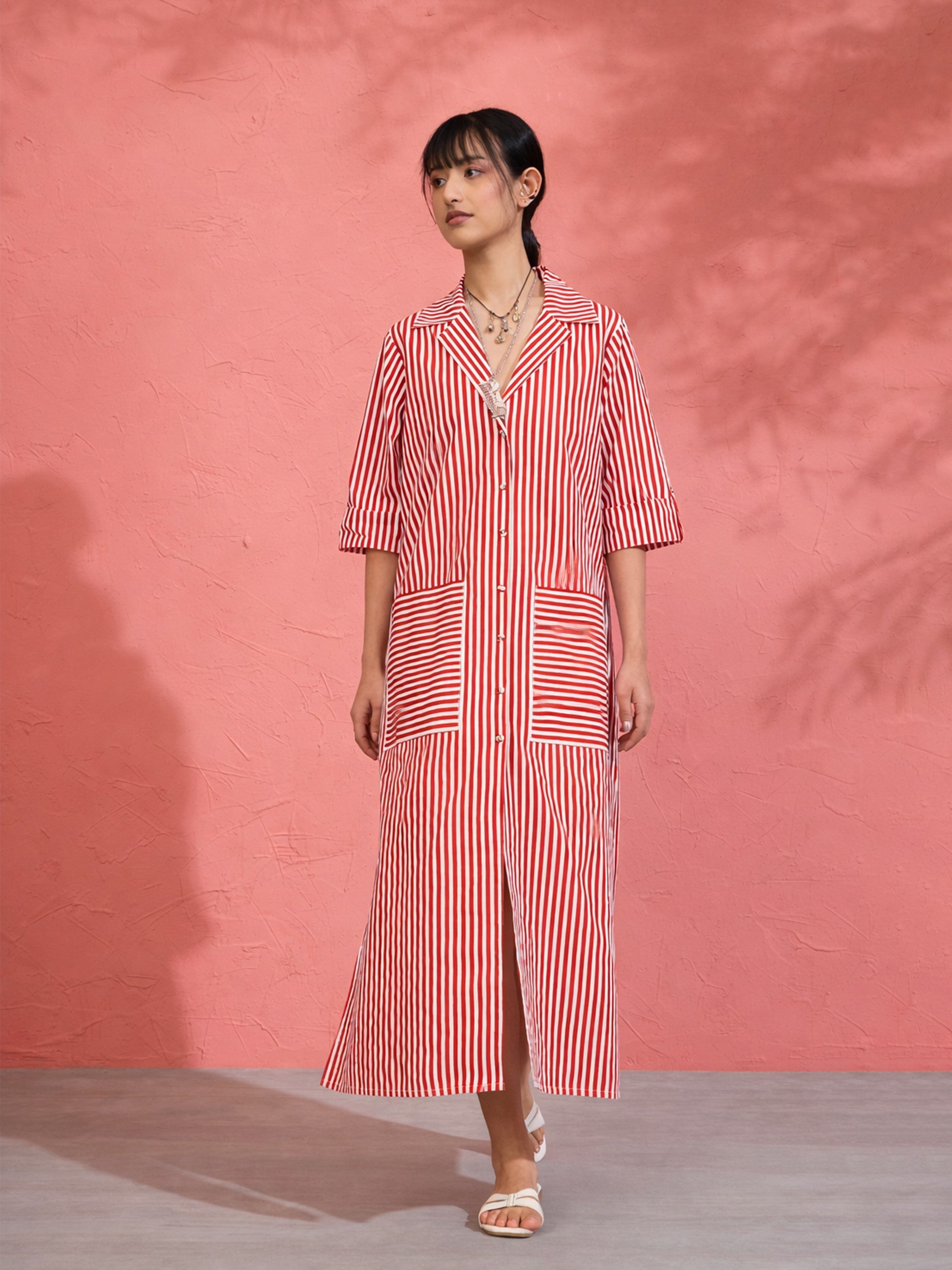Women Red & White Stripe Notch Collar Midi Dress