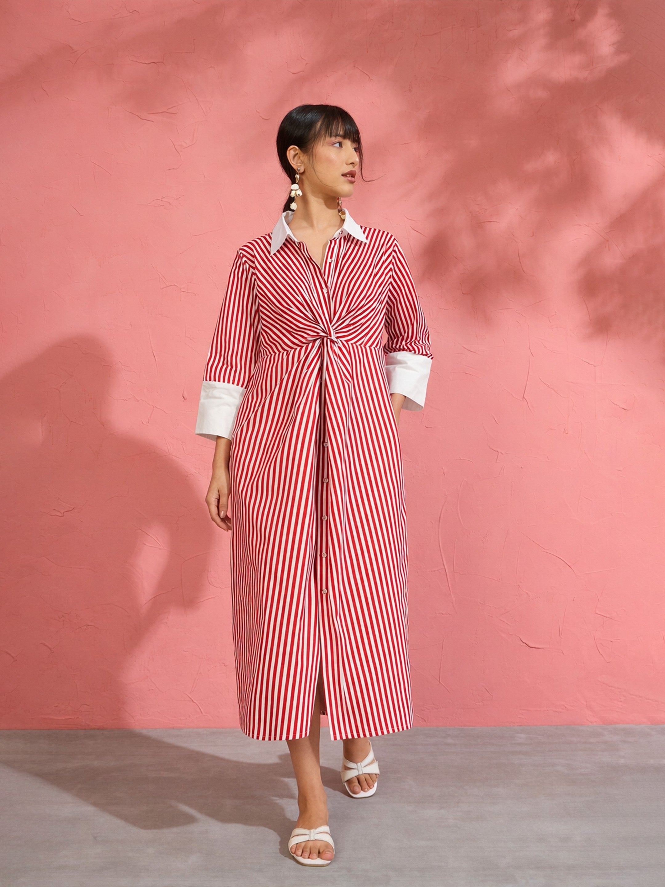 Women Red & White Stripe Contrast Collar Midi Dress