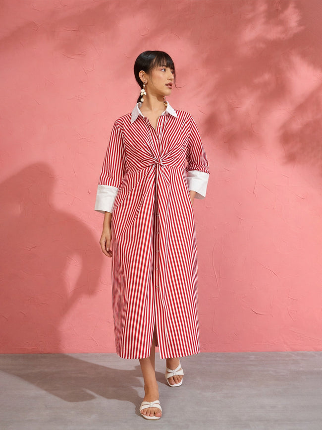 Women Red & White Stripe Contrast Collar Midi Dress