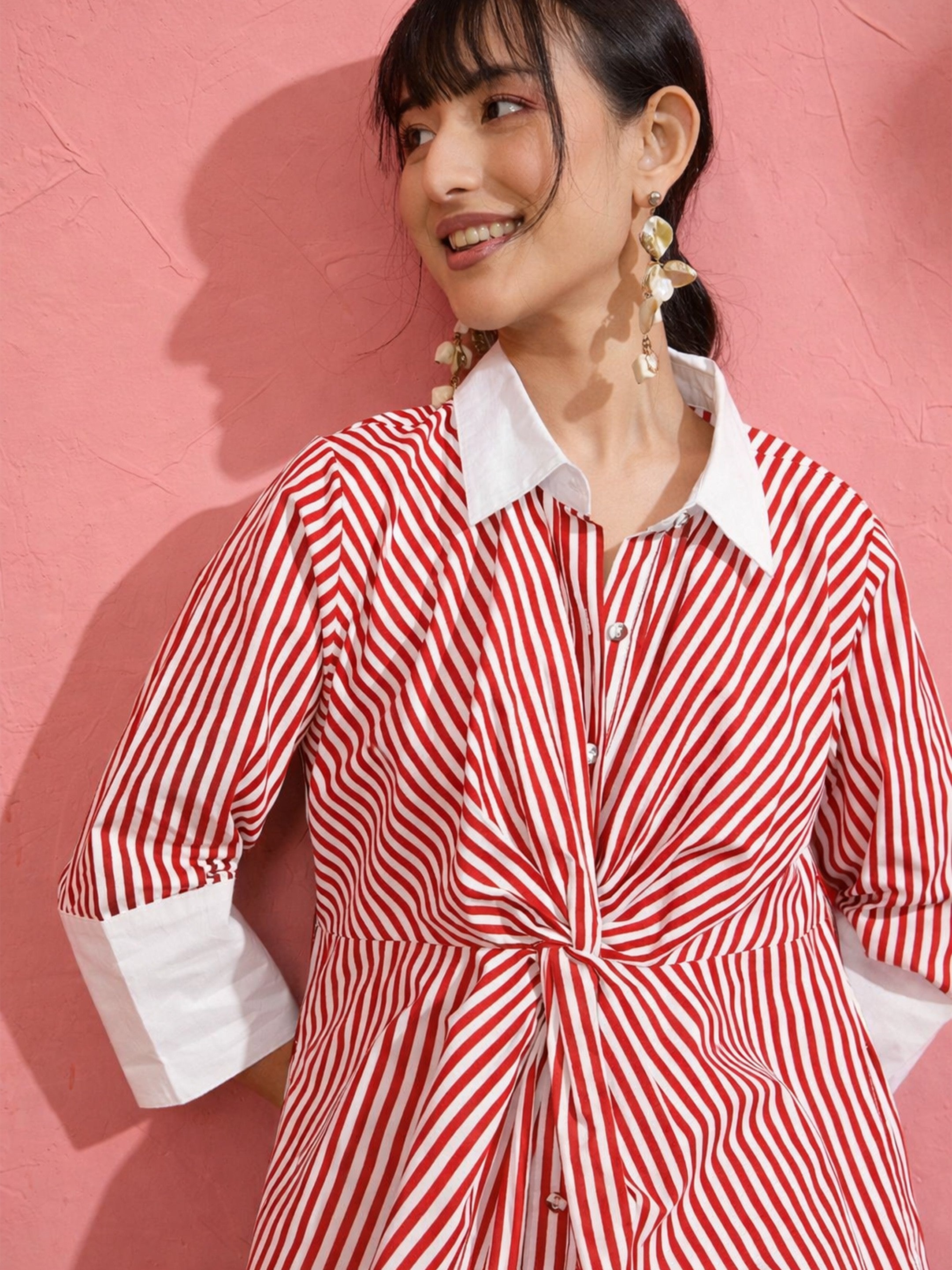Women Red & White Stripe Contrast Collar Midi Dress