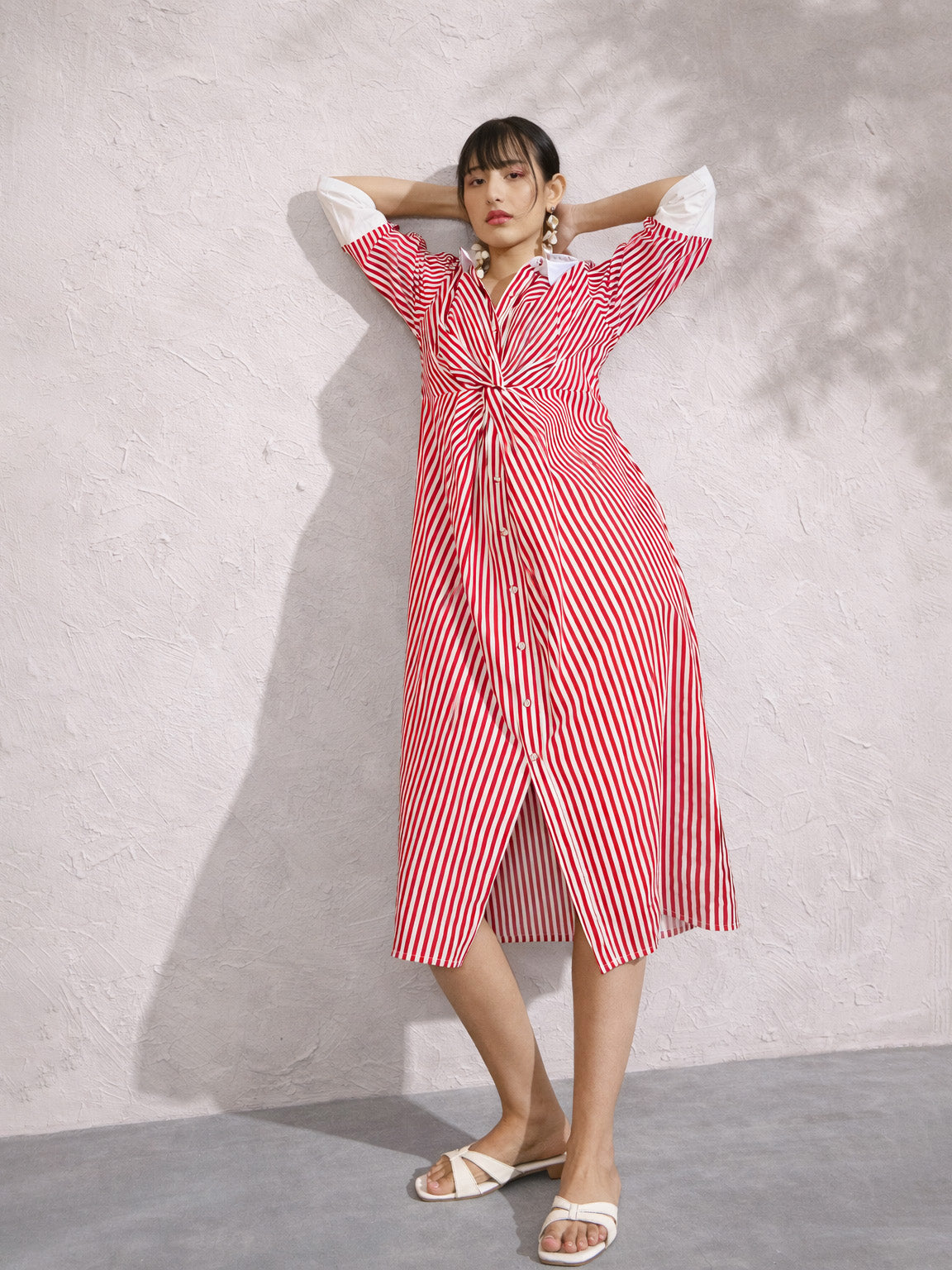 Women Red & White Stripe Contrast Collar Midi Dress