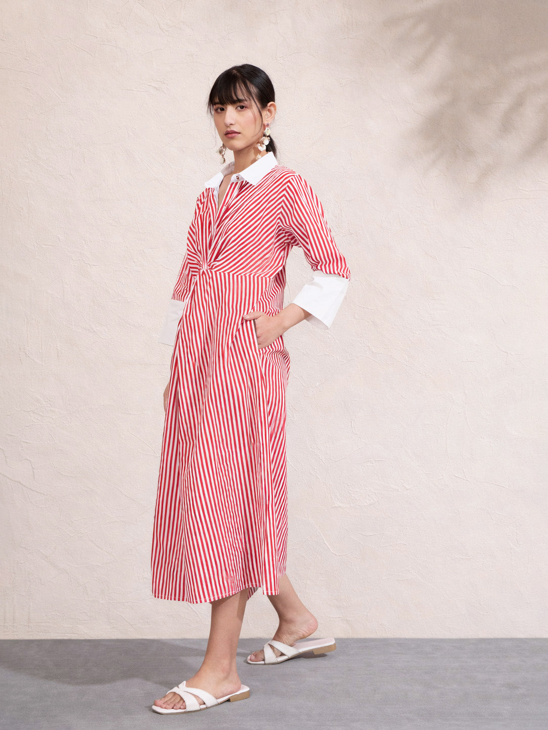 Women Red & White Stripe Contrast Collar Midi Dress