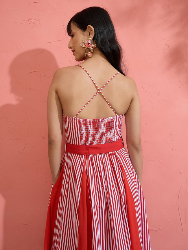 Women Red & White Stripe Strappy Flared Midi Dress