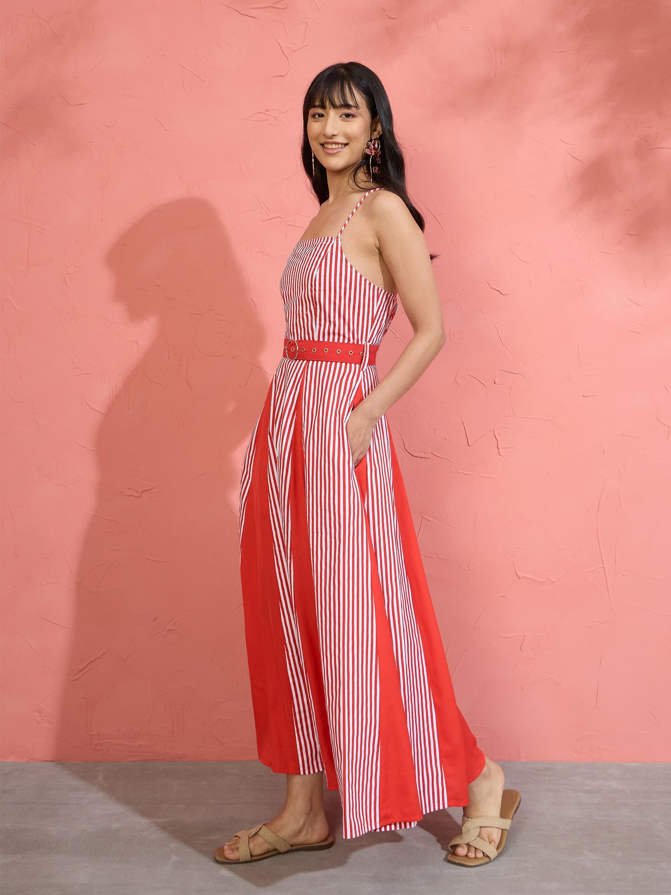 Women Red & White Stripe Strappy Flared Midi Dress