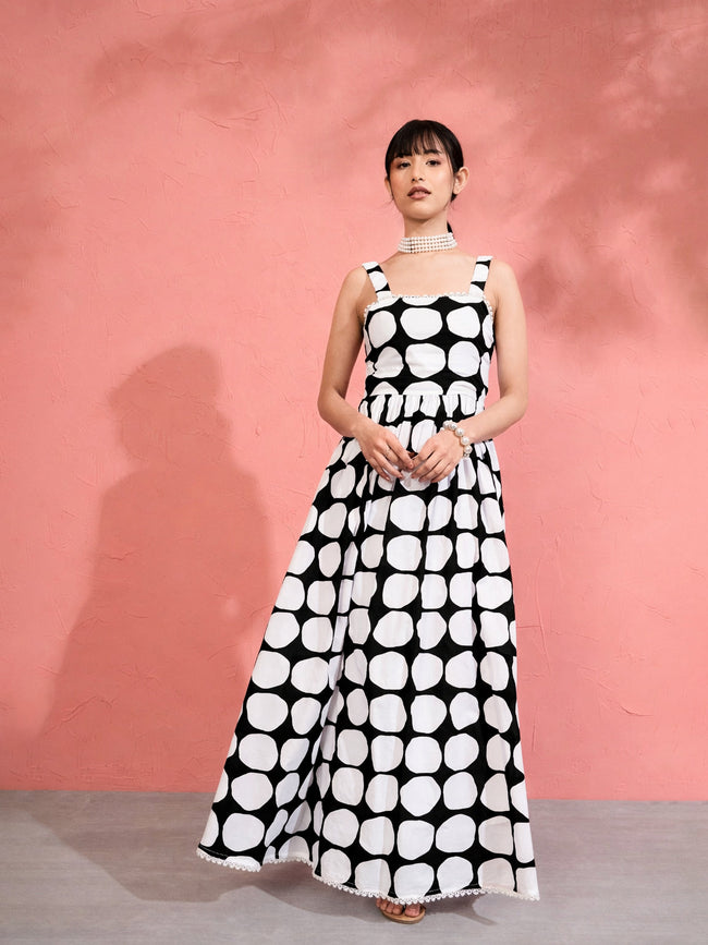 Women Black & White Big Polka Dot Strappy Maxi Dress