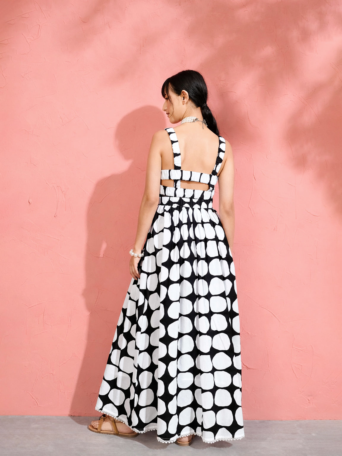 Women Black & White Big Polka Dot Strappy Maxi Dress