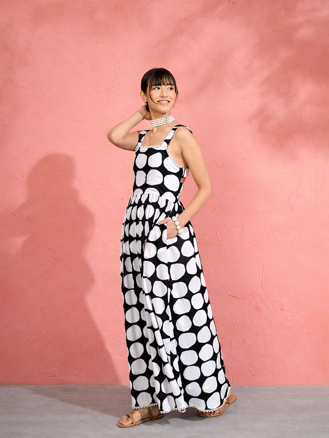 Women Black & White Big Polka Dot Strappy Maxi Dress