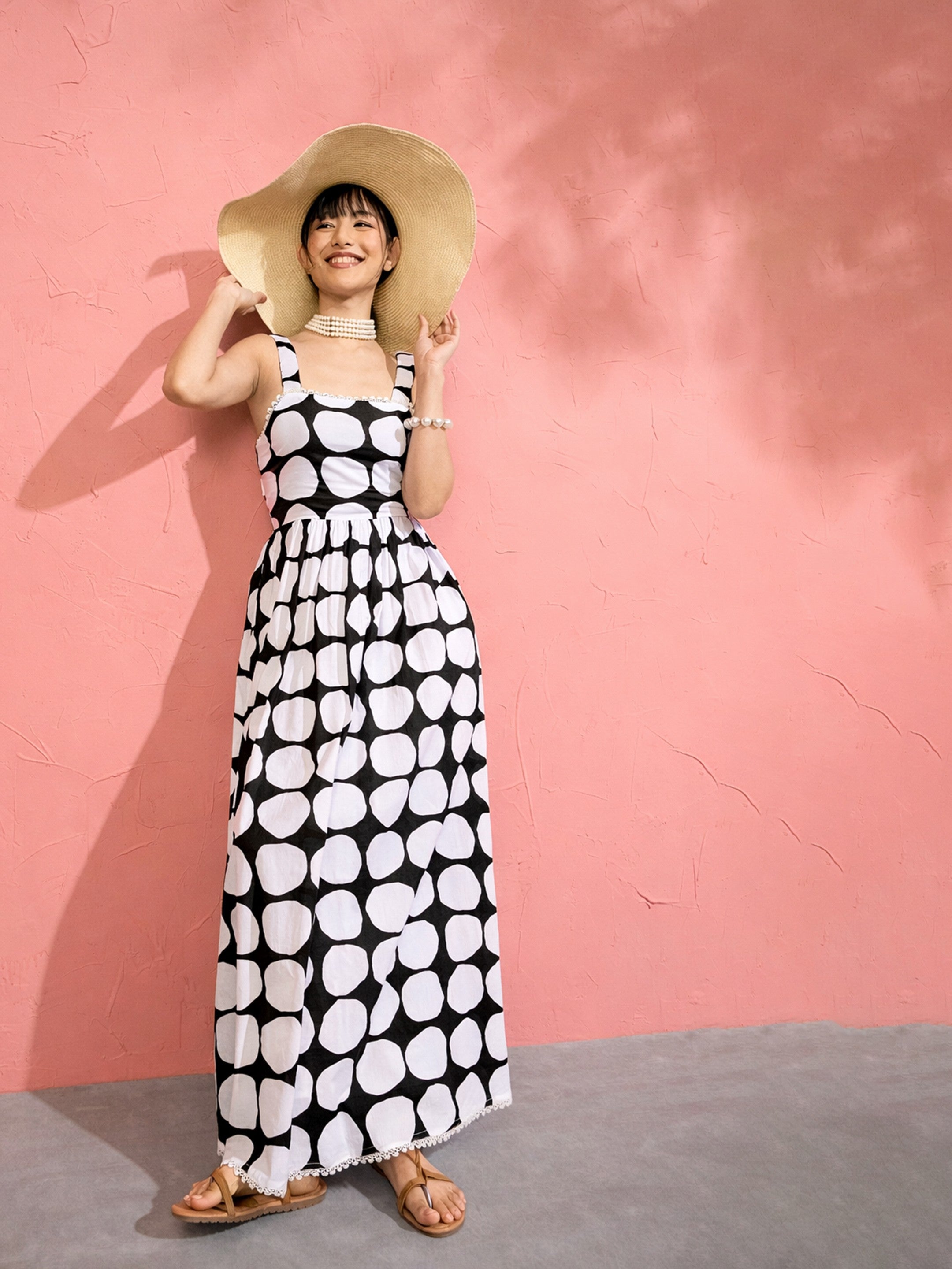 Women Black & White Big Polka Dot Strappy Maxi Dress