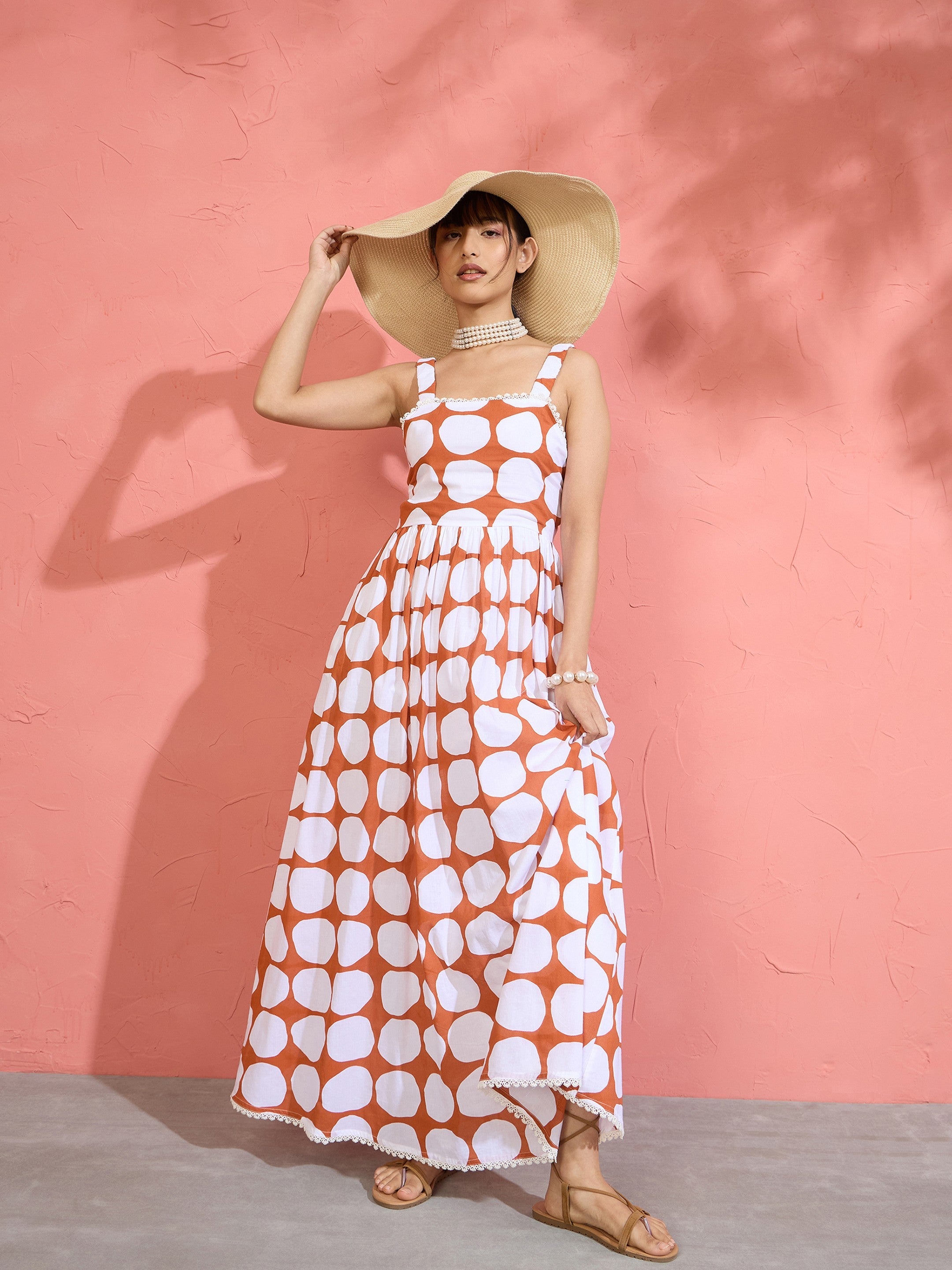 Women Brown & White Big Polka Dot Strappy Maxi Dress