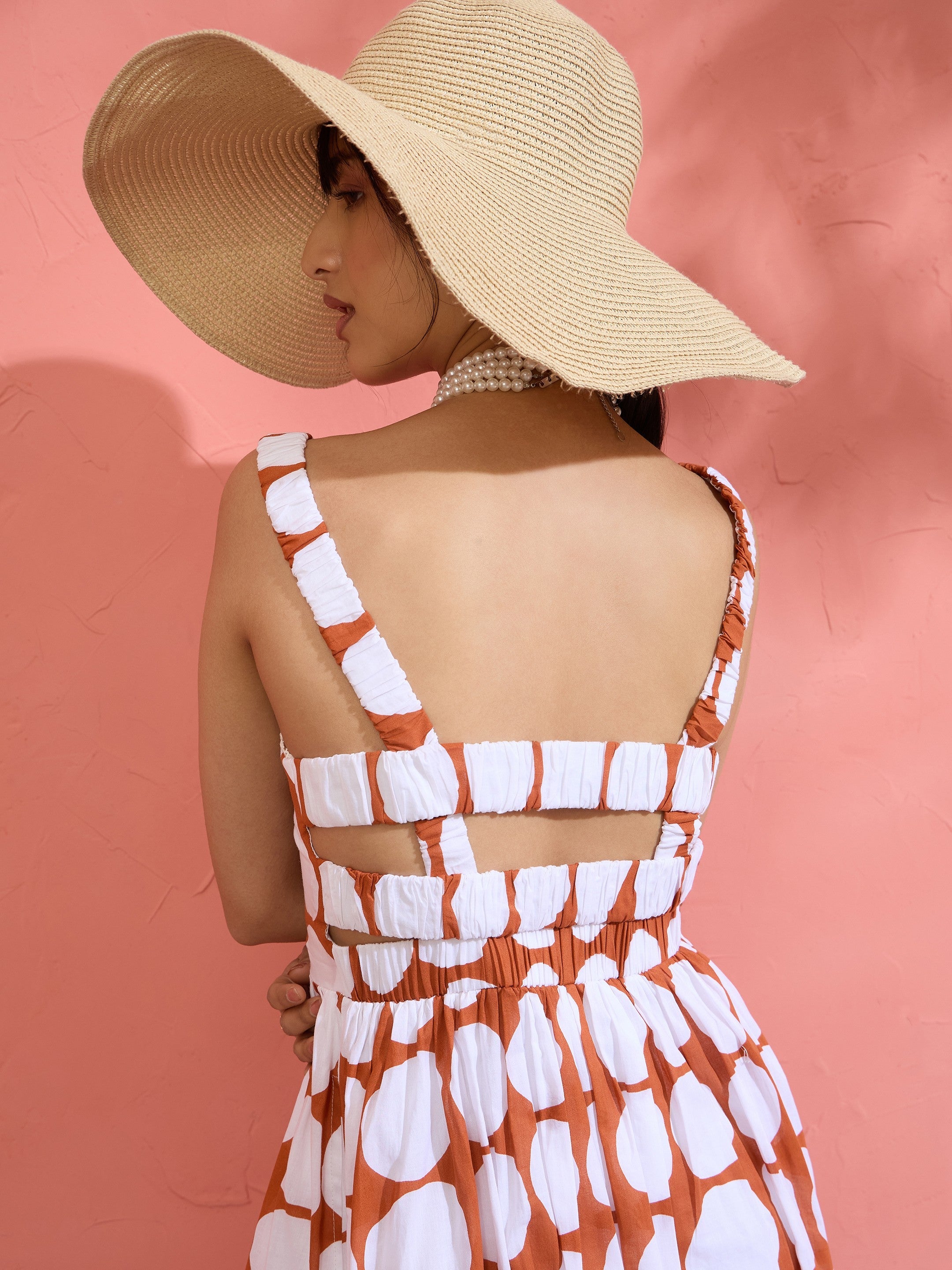 Women Brown & White Big Polka Dot Strappy Maxi Dress