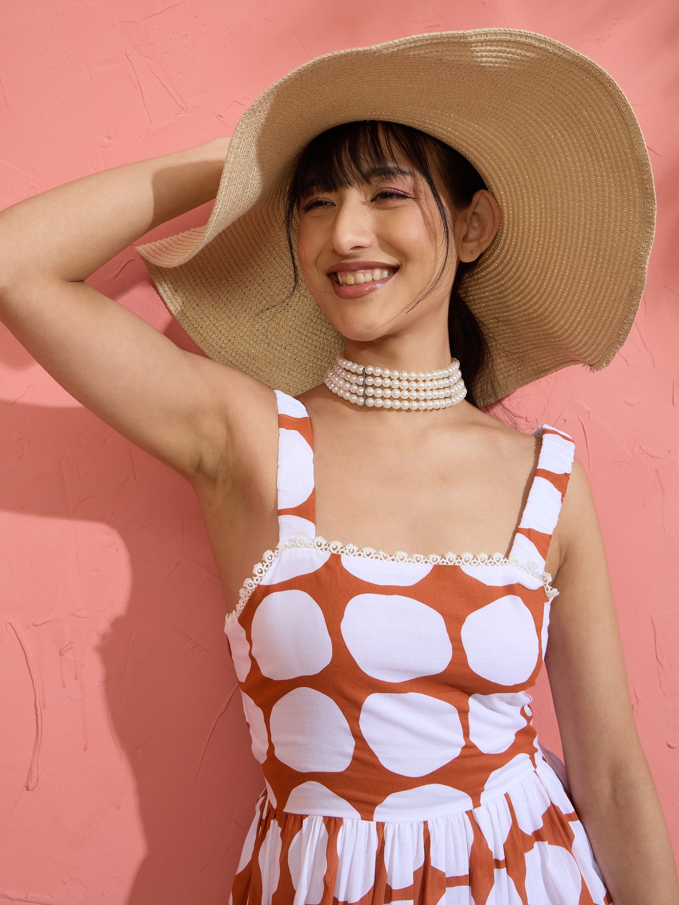 Women Brown & White Big Polka Dot Strappy Maxi Dress