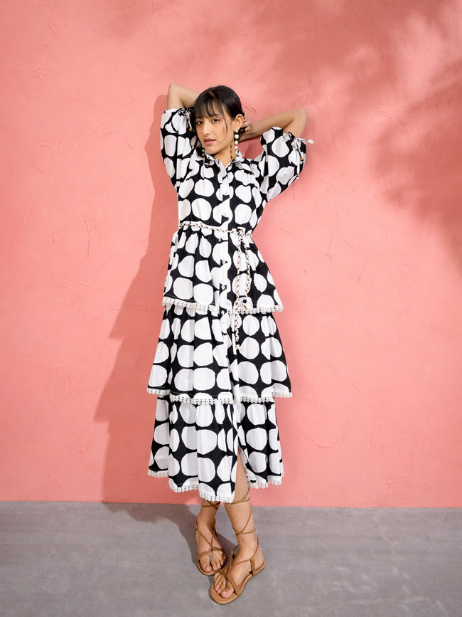 Women Black & White Polka Dot Frill Tiered Button Down Midi Dress
