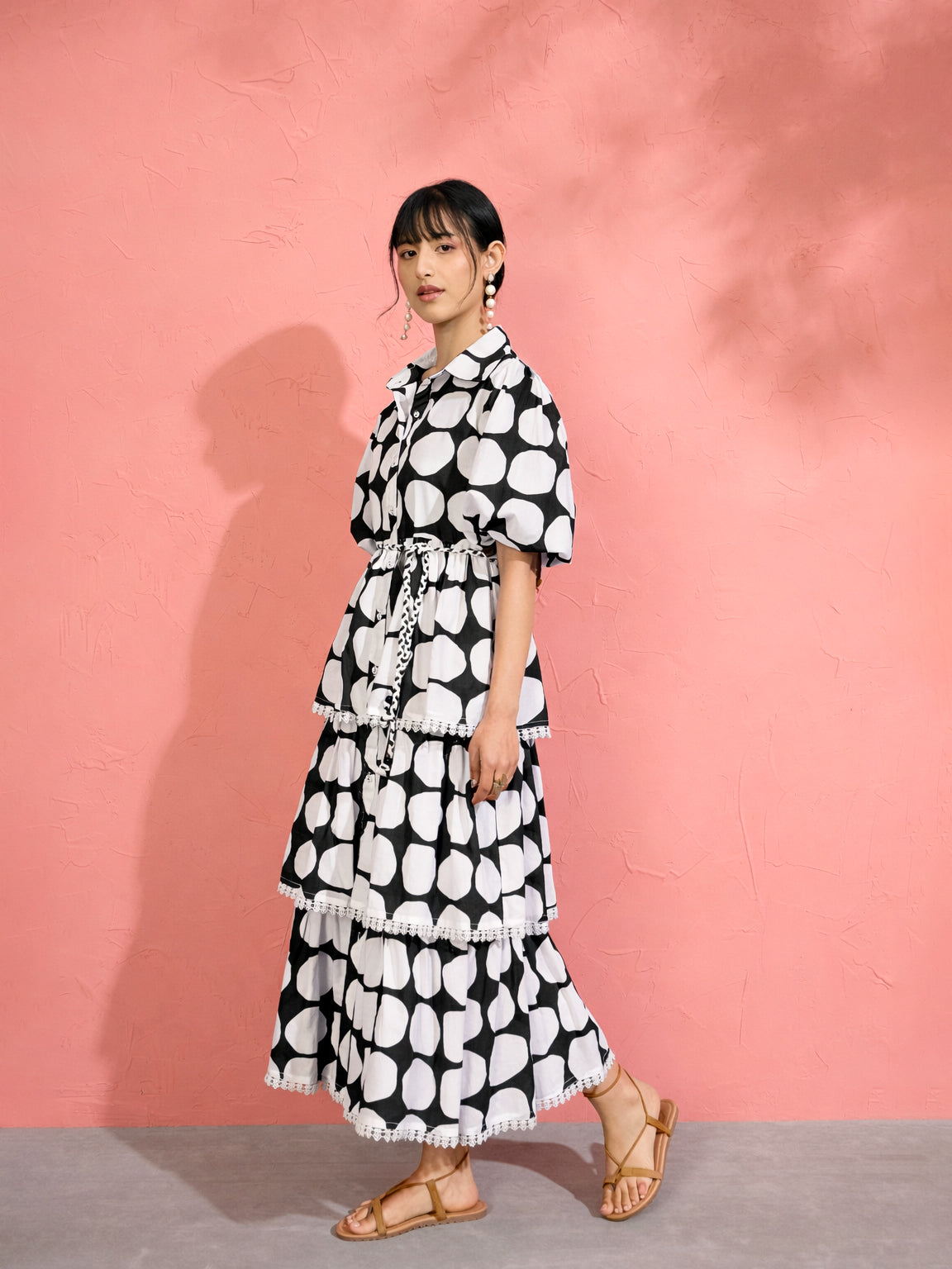 Women Black & White Polka Dot Frill Tiered Button Down Midi Dress