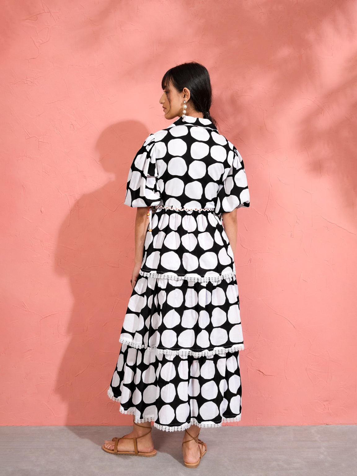 Women Black & White Polka Dot Frill Tiered Button Down Midi Dress