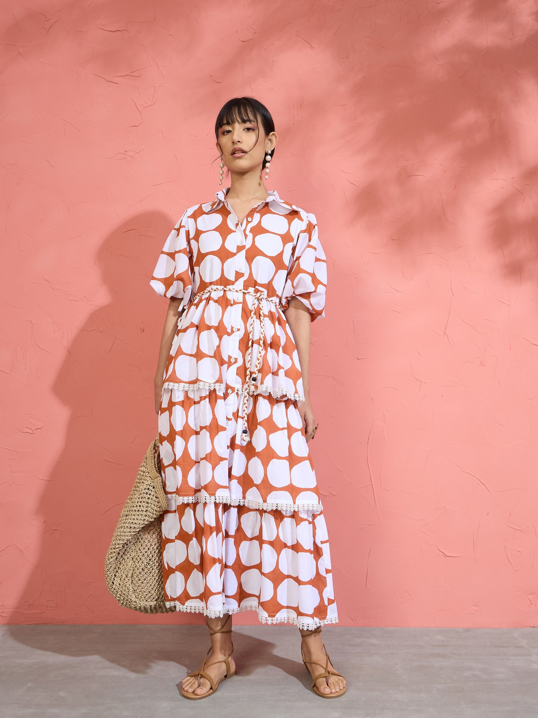 Women Brown & White Polka Dot Frill Tiered Button Down Midi Dress
