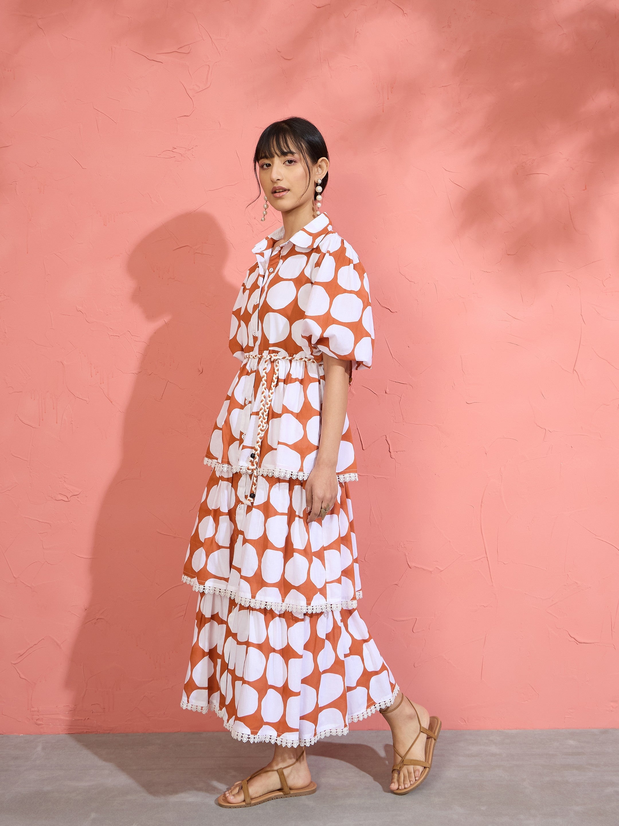 Women Brown & White Polka Dot Frill Tiered Button Down Midi Dress