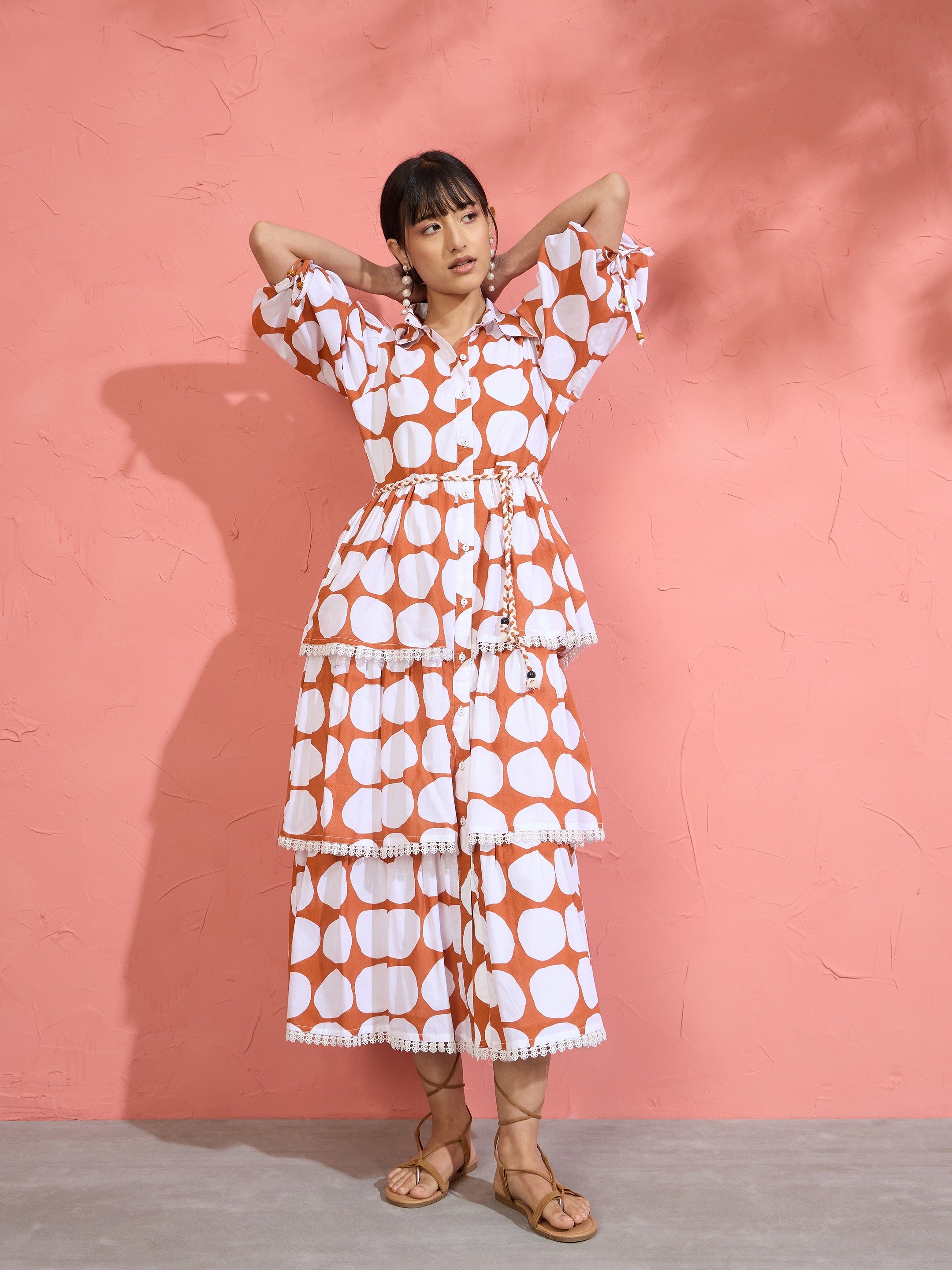 Women Brown & White Polka Dot Frill Tiered Button Down Midi Dress