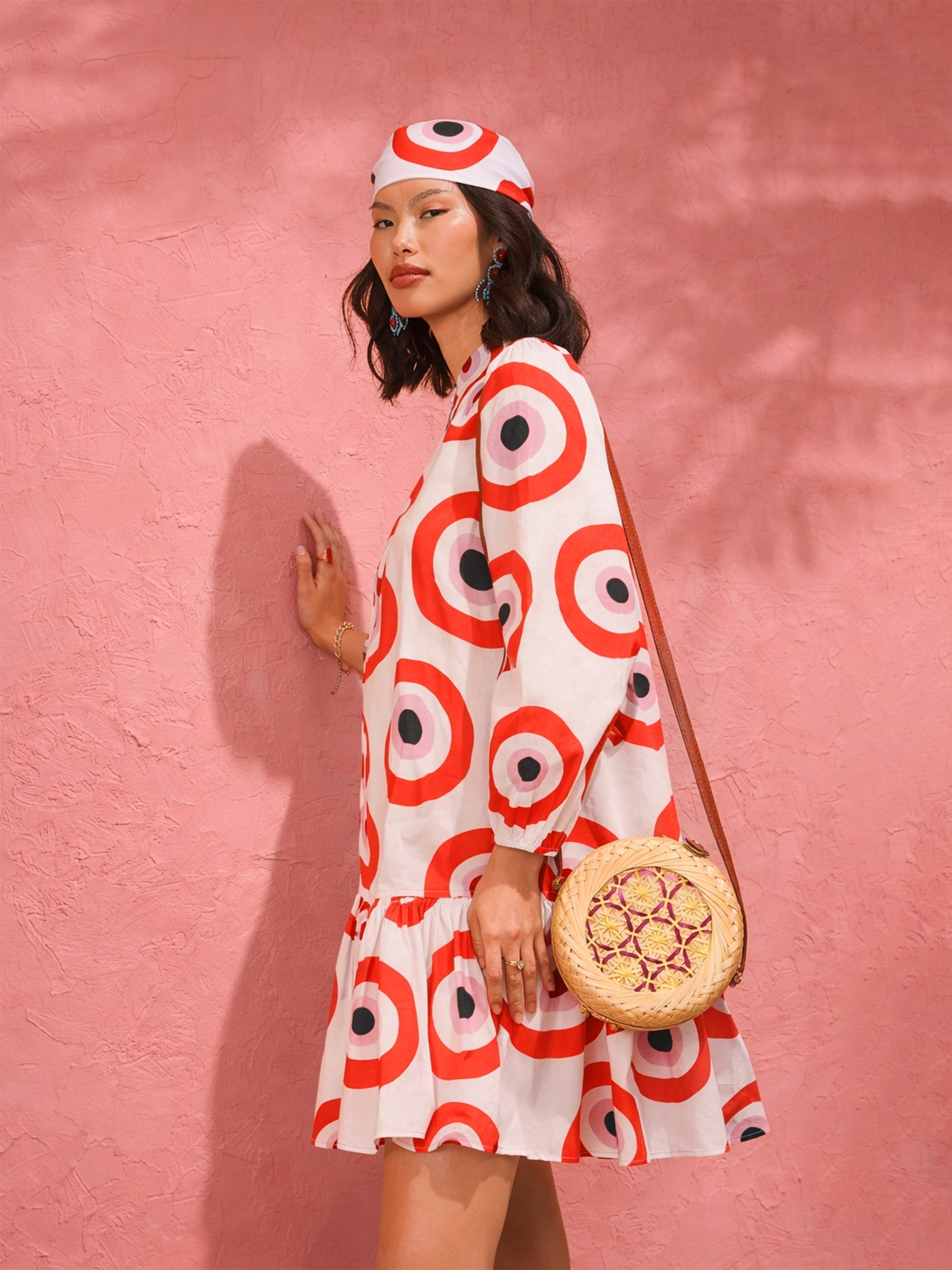 Women Red Evil Eye Print Shirt Dress