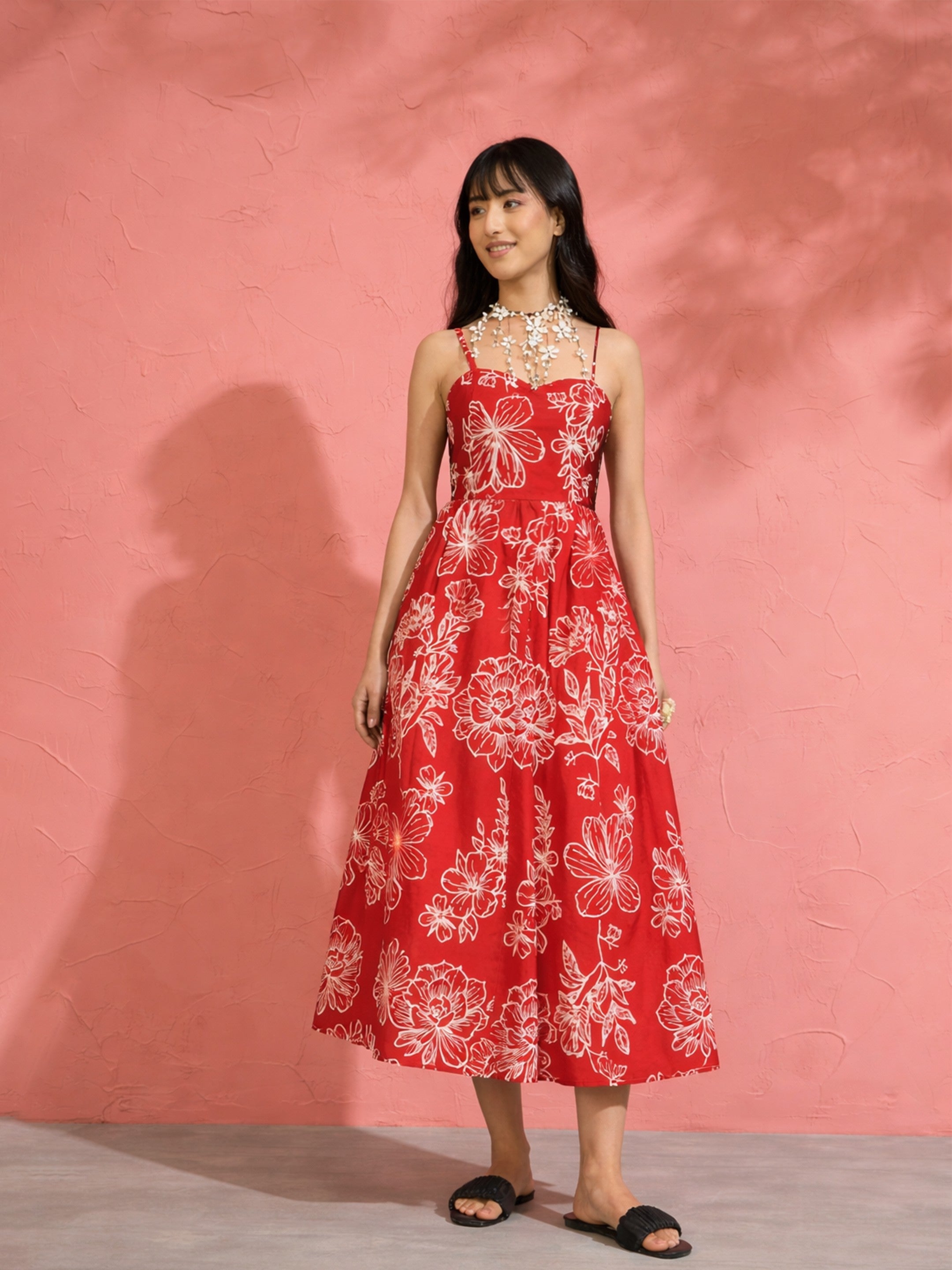 Women Red Poplin Floral Strappy Back Tie Midi Dress