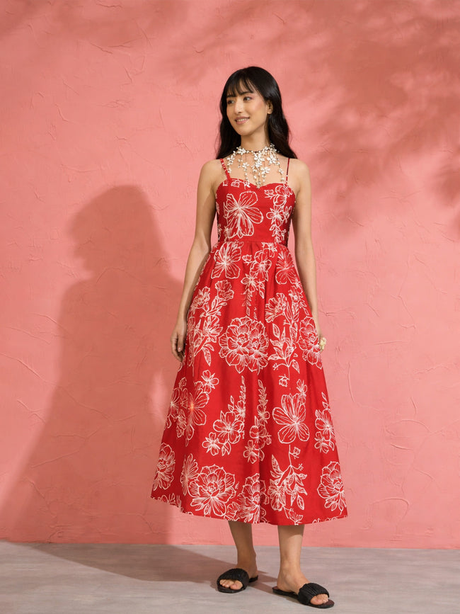 Women Red Poplin Floral Strappy Back Tie Midi Dress – FYVA