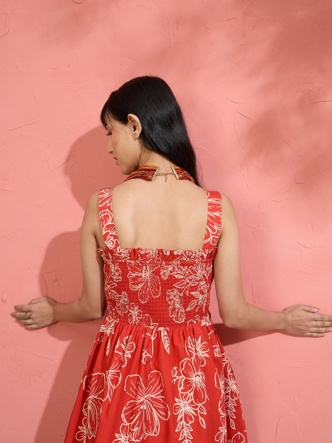 Women Red Poplin Floral Ruffle Neck Smocked Skater Dress FYVA Women Red Poplin Floral Ruffle Neck Smocked Skater Dress FYVA