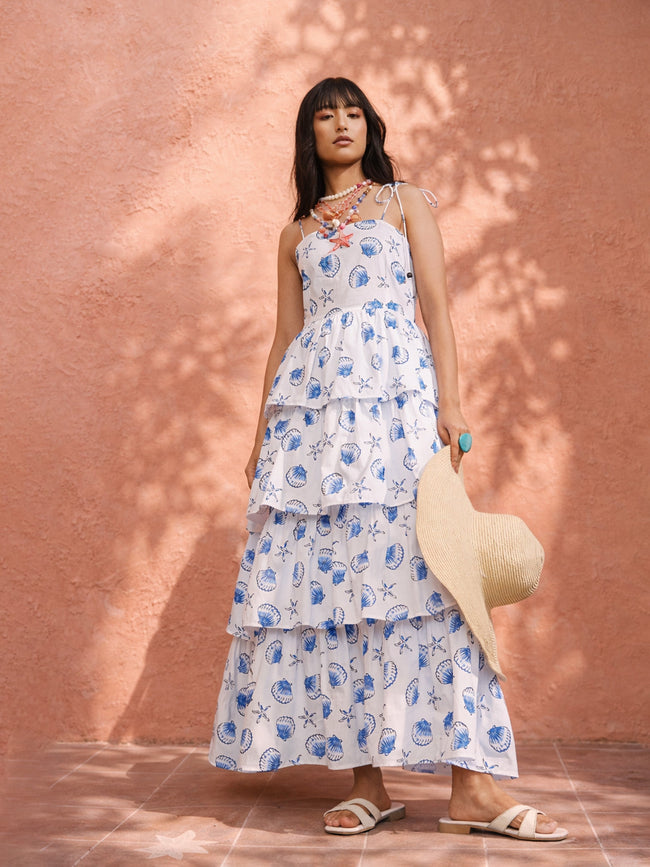 Women White & Blue Printed Frill Strappy Maxi Dress