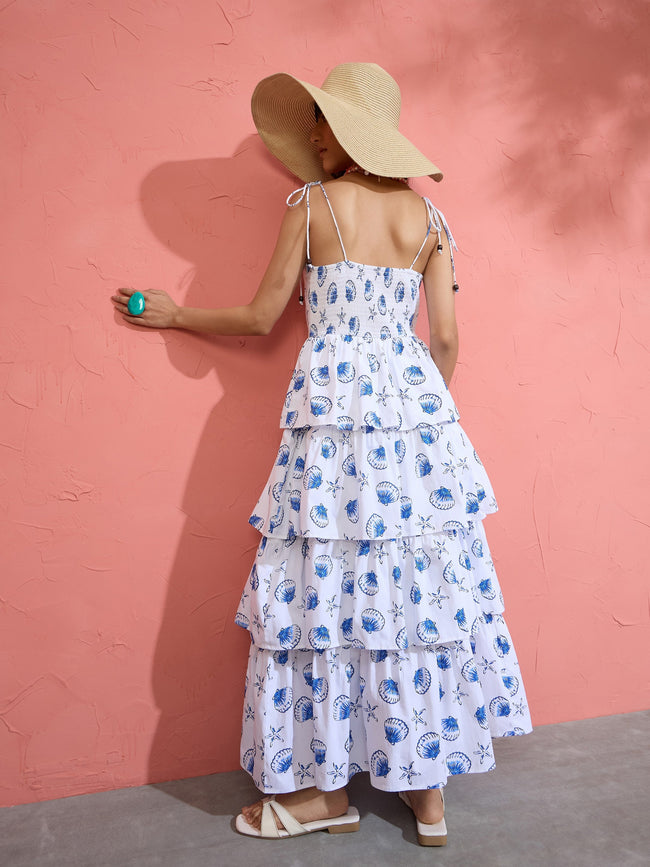 Women White & Blue Printed Frill Strappy Maxi Dress