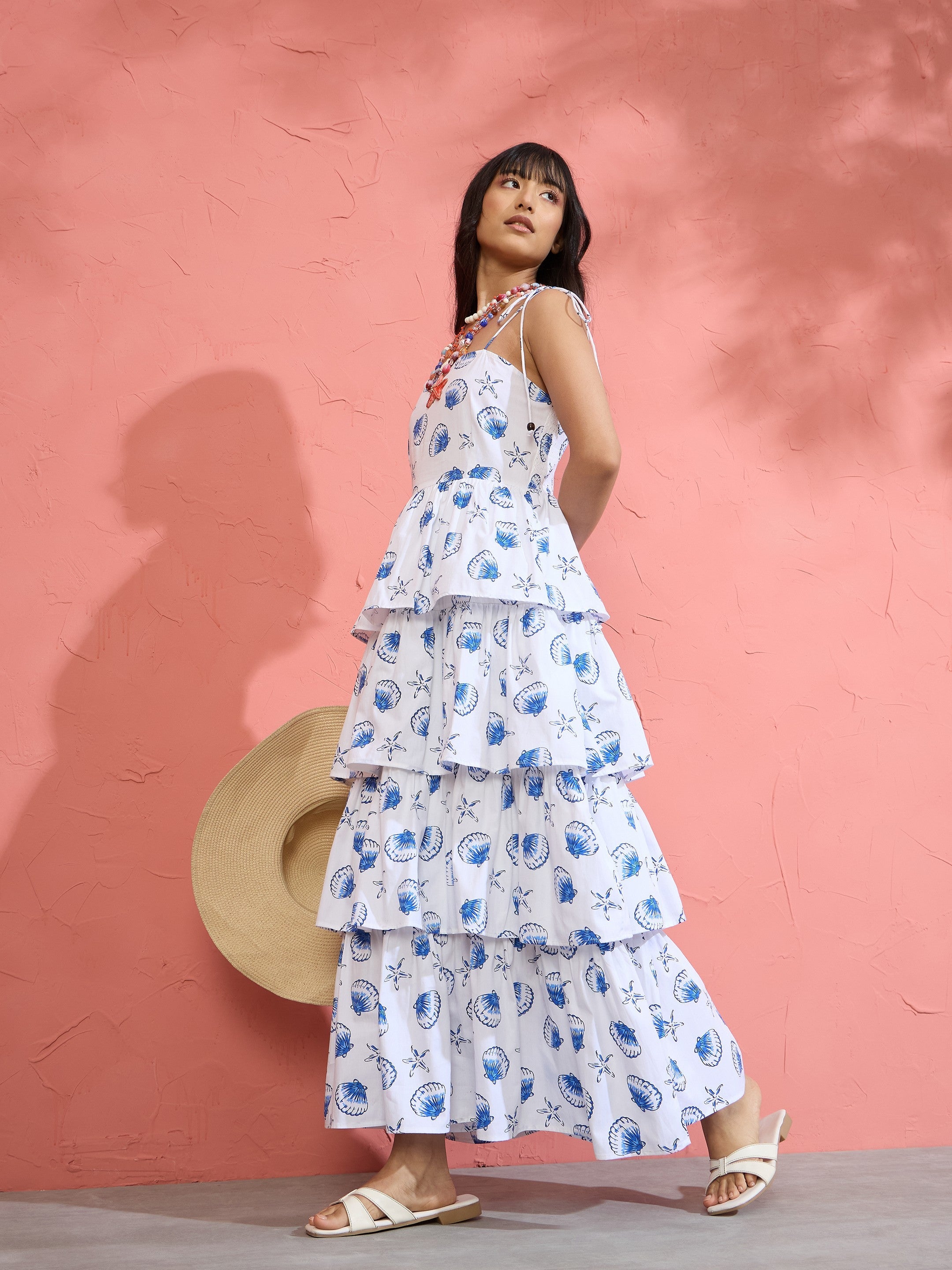 Women White & Blue Printed Frill Strappy Maxi Dress