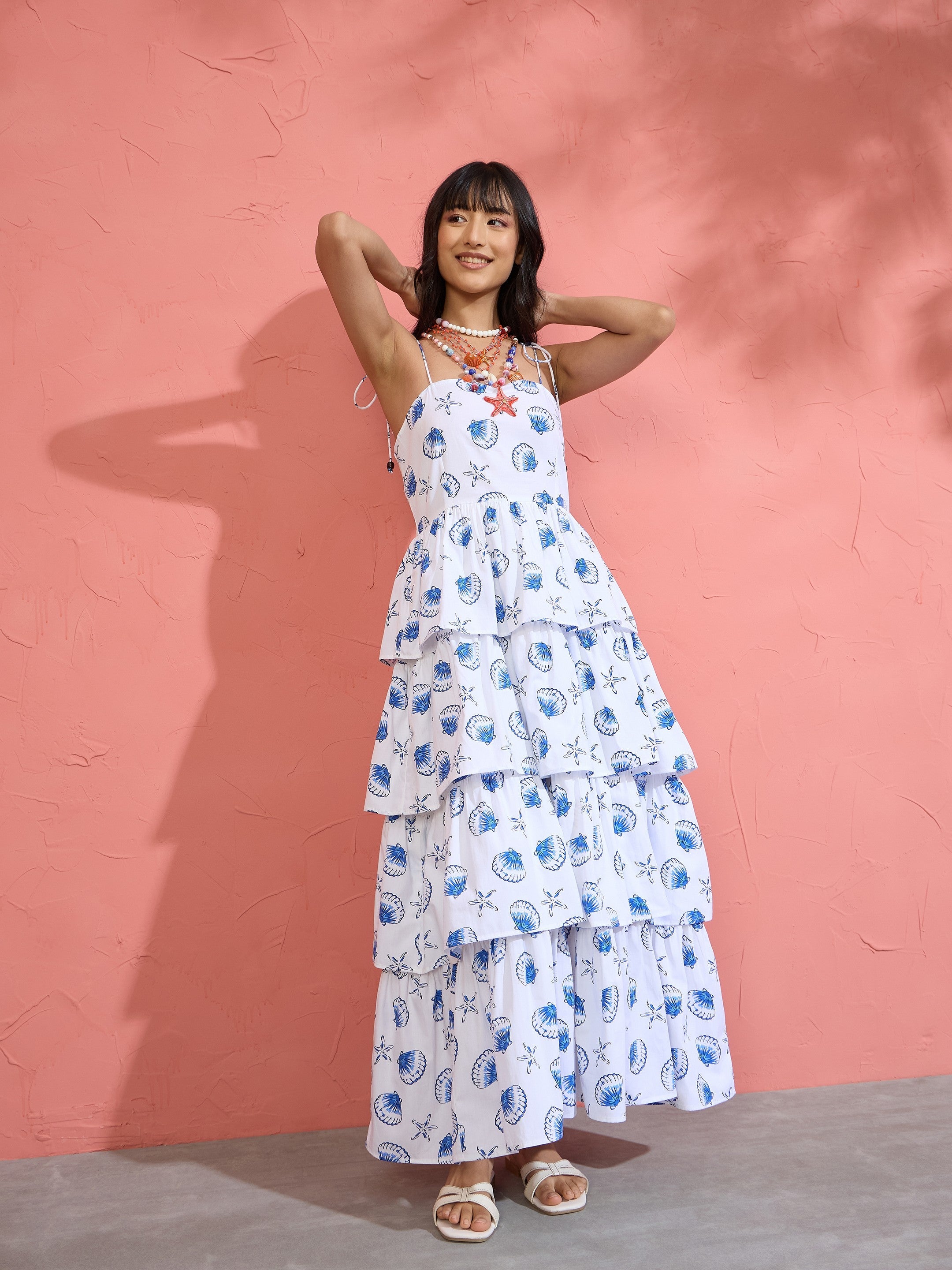 Women White & Blue Printed Frill Strappy Maxi Dress