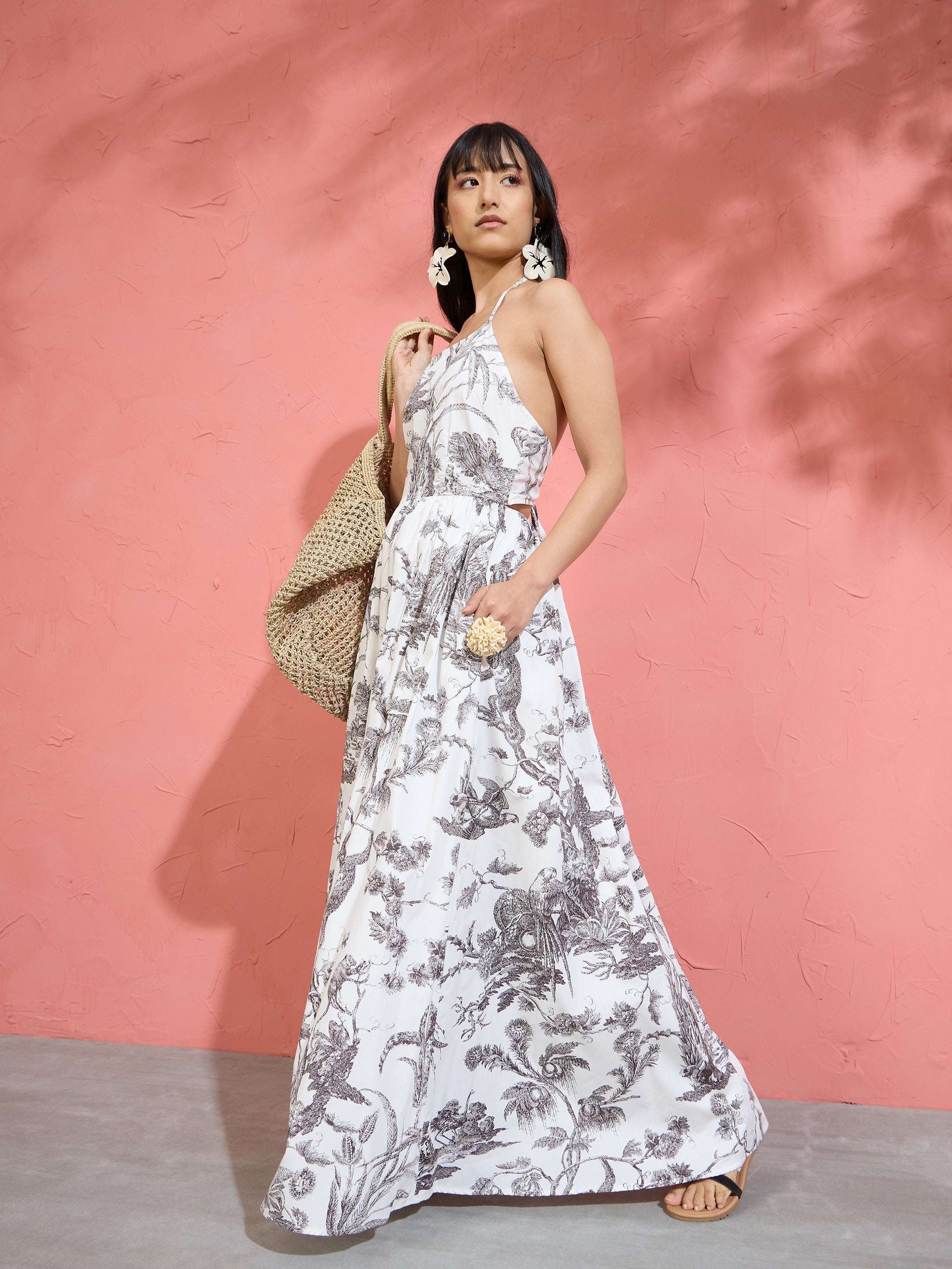 Women Black & White Floral Strappy Back Maxi Dress