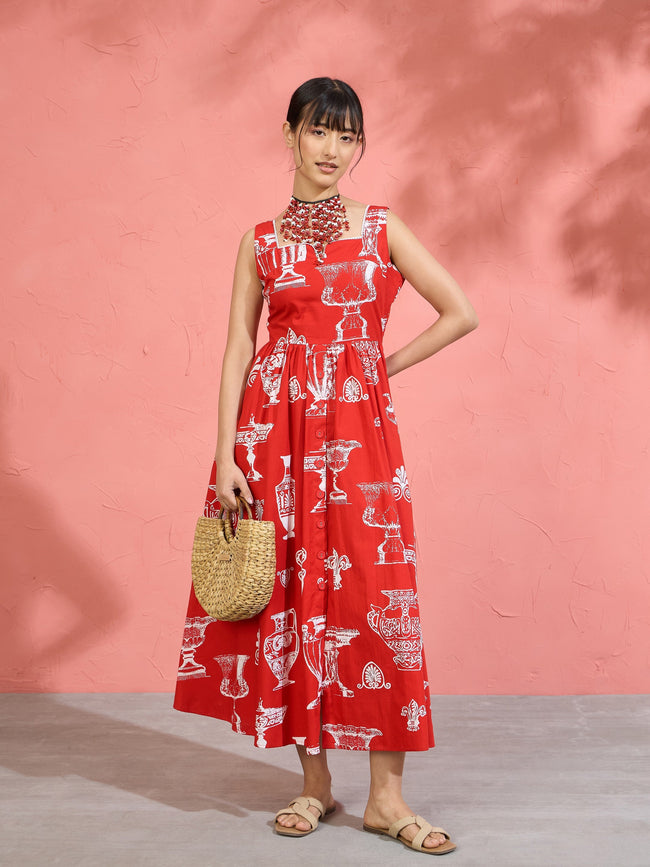 Women Red & White Printed Sleeveless Button Down Midi Dress