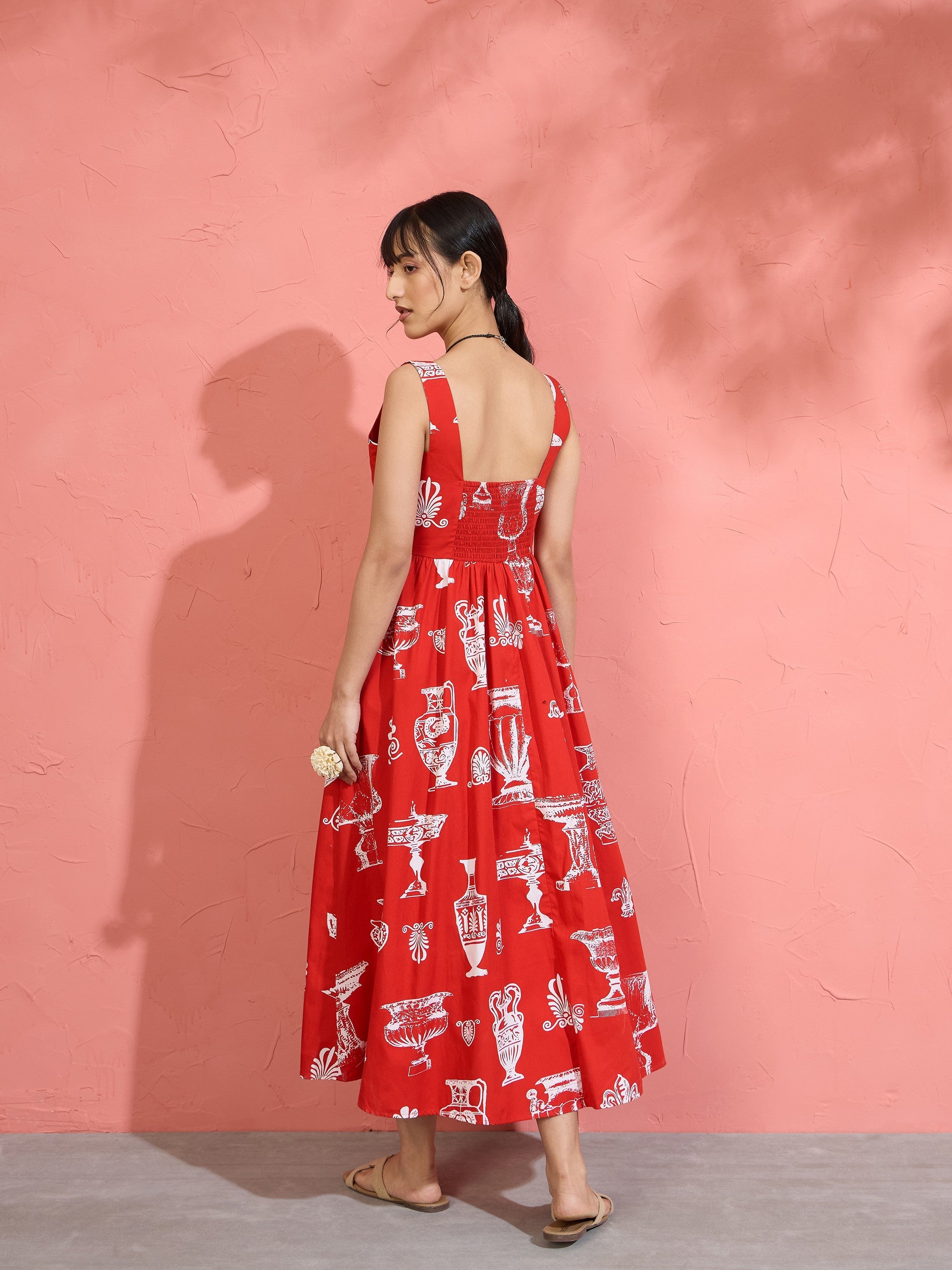 Women Red & White Printed Sleeveless Button Down Midi Dress