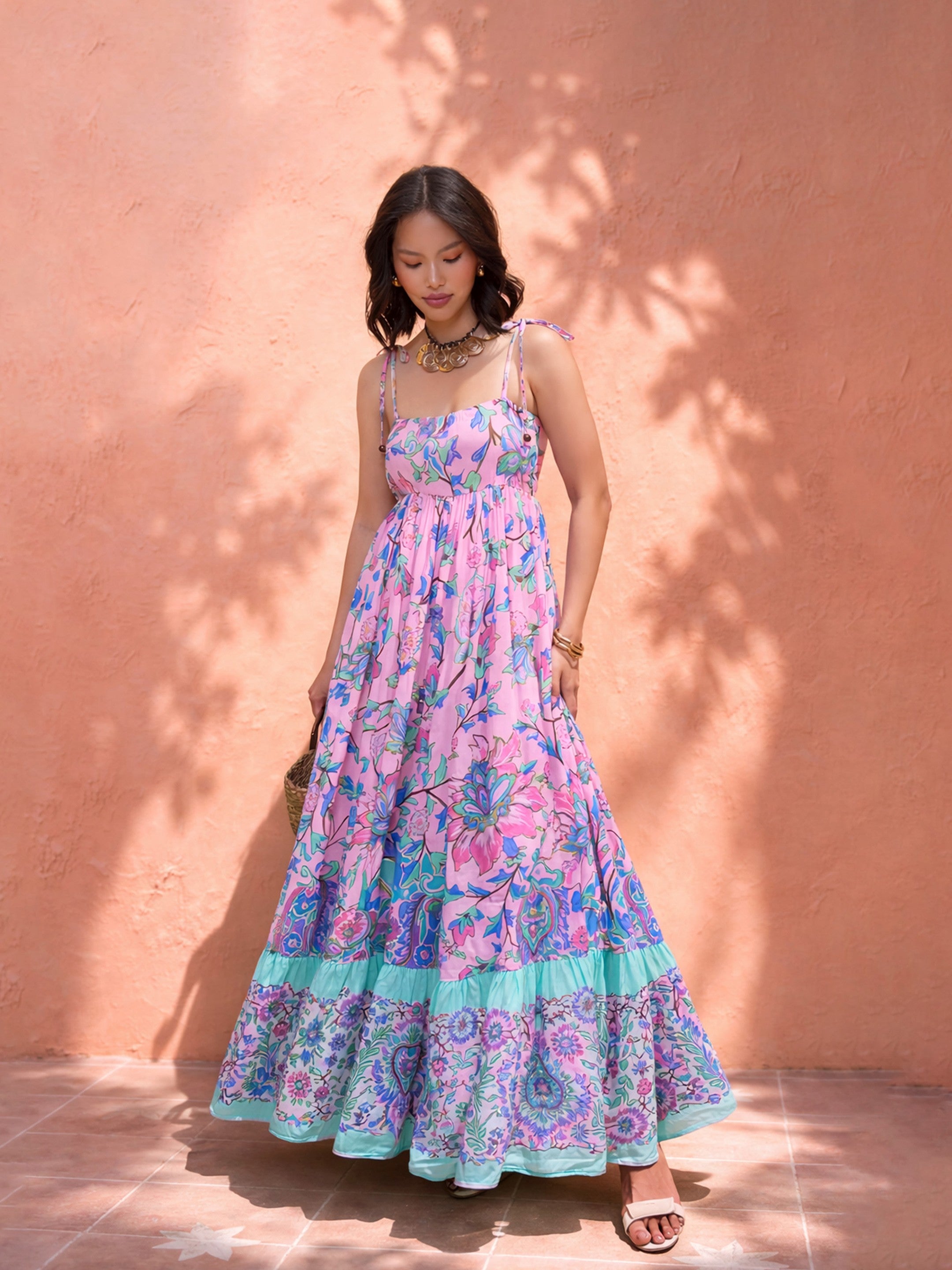 Women Pink Floral Strappy Tie-up Maxi Dress