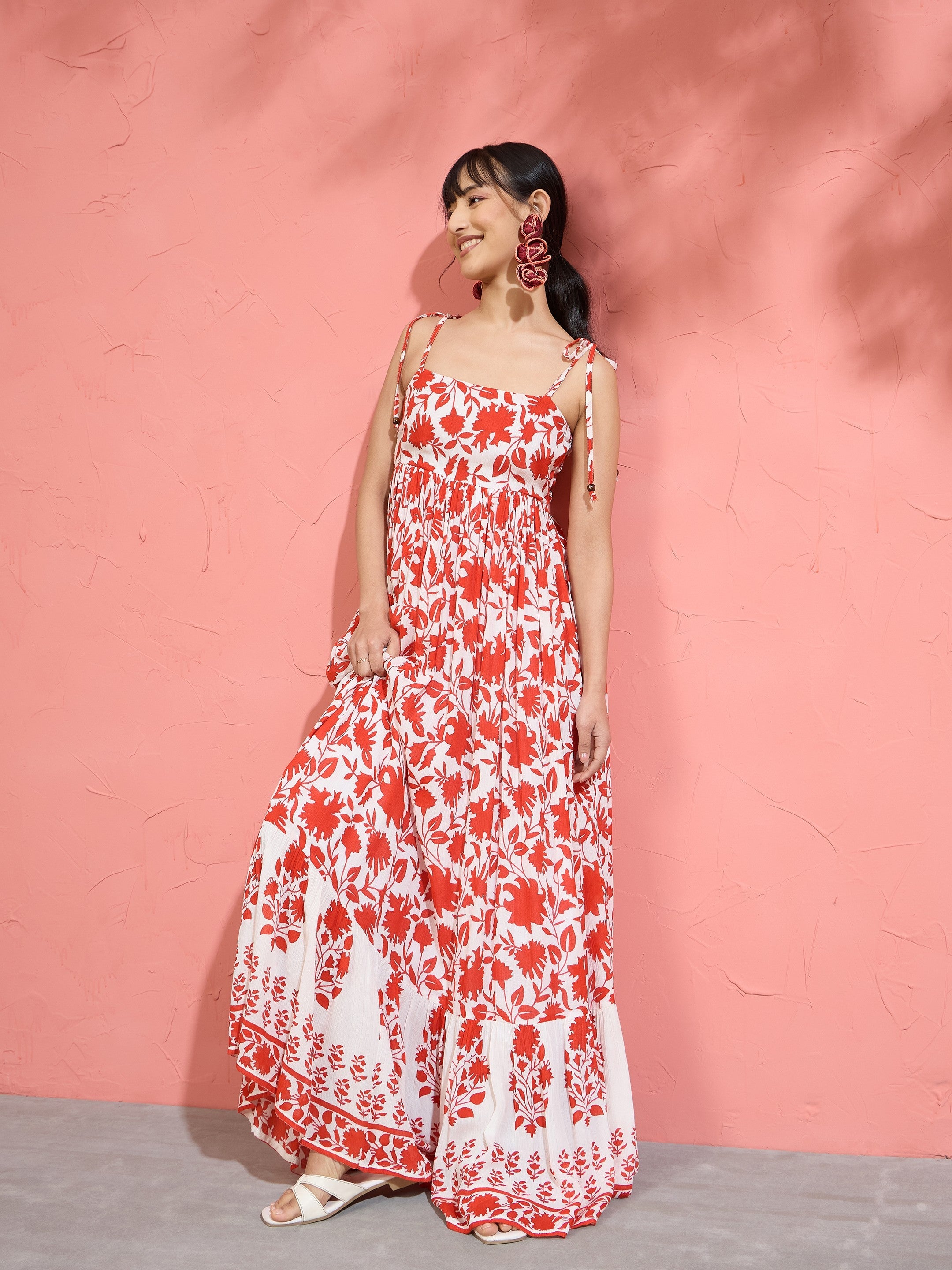 Women Red Floral Strappy Tie-up Maxi Dress