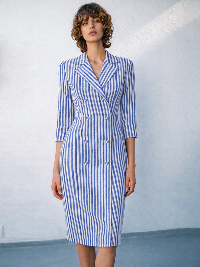 Women Blue Linen Striped Double Breasted Blazer Dress