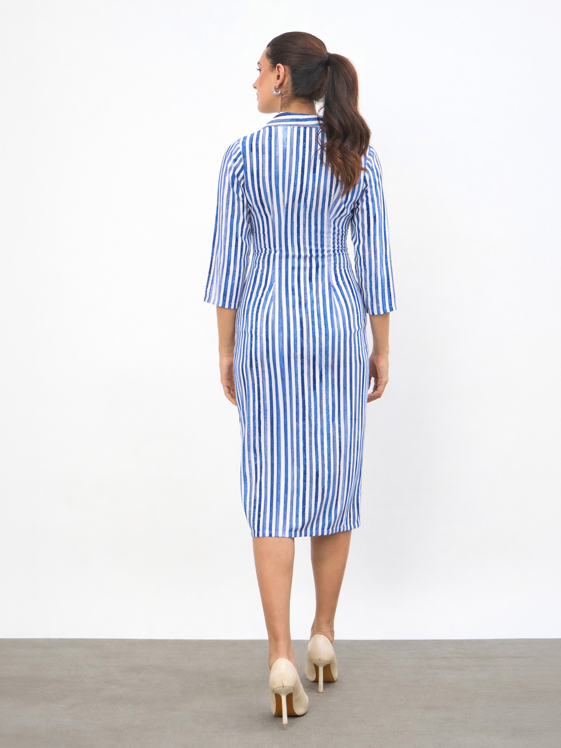 Women Blue Linen Striped Double Breasted Blazer Dress