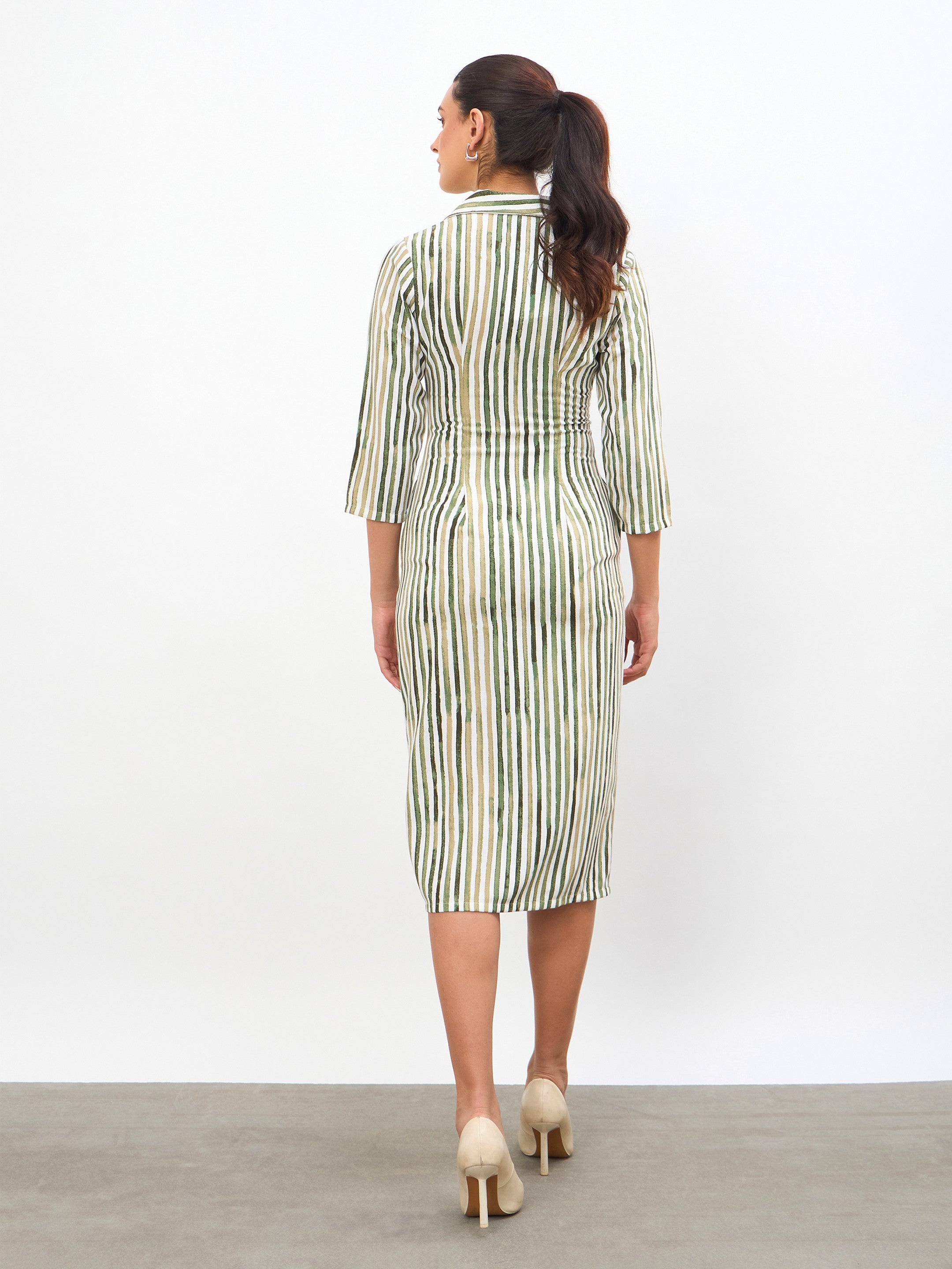 Women Green Linen Striped Double Breasted Blazer Dress