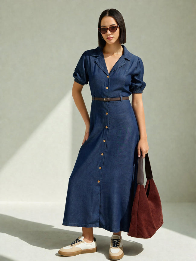 Women Navy Notch Collar Front Button Down Midi Dress