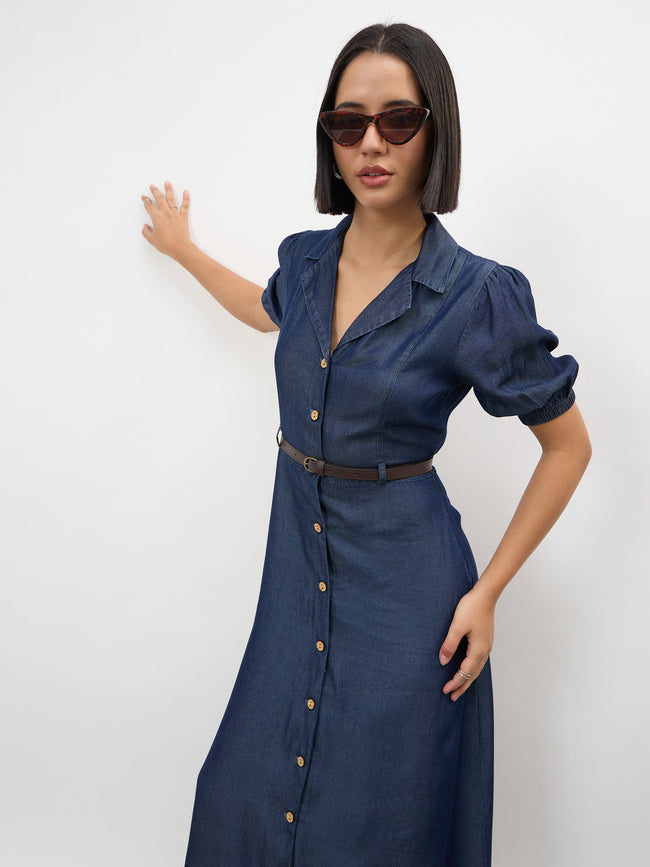 Women Navy Notch Collar Front Button Down Midi Dress