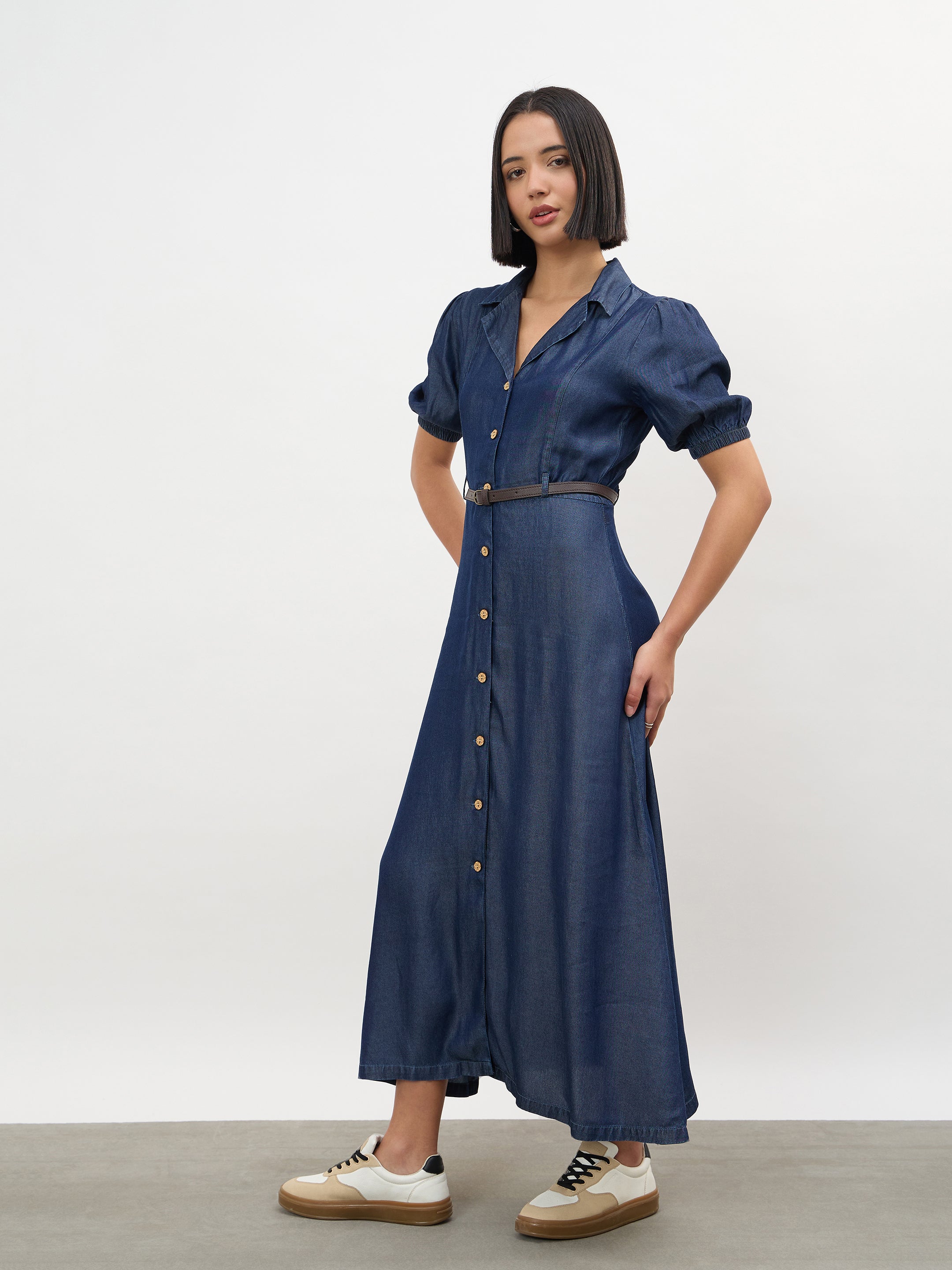 Women Navy Notch Collar Front Button Down Midi Dress