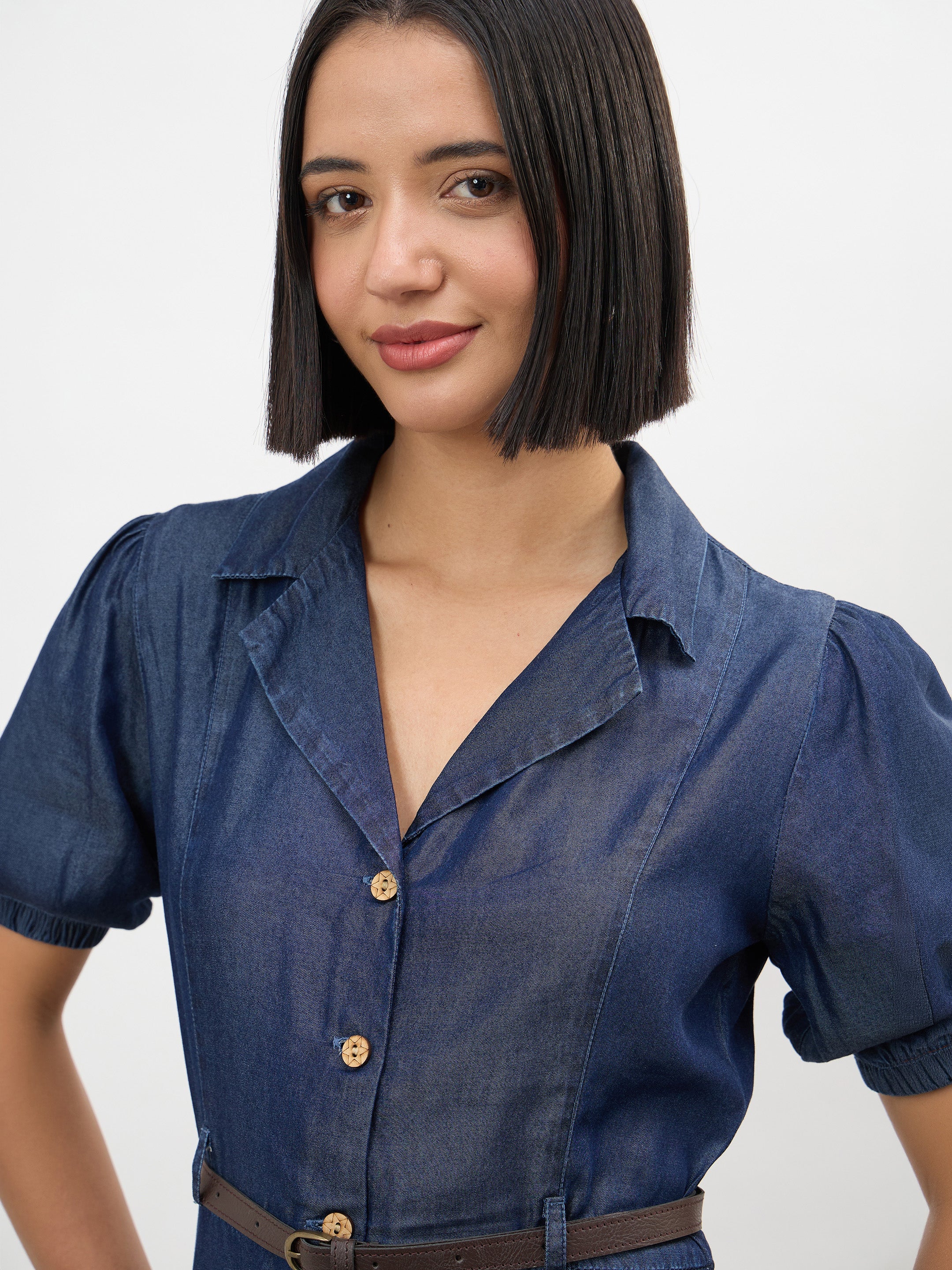 Women Navy Notch Collar Front Button Down Midi Dress