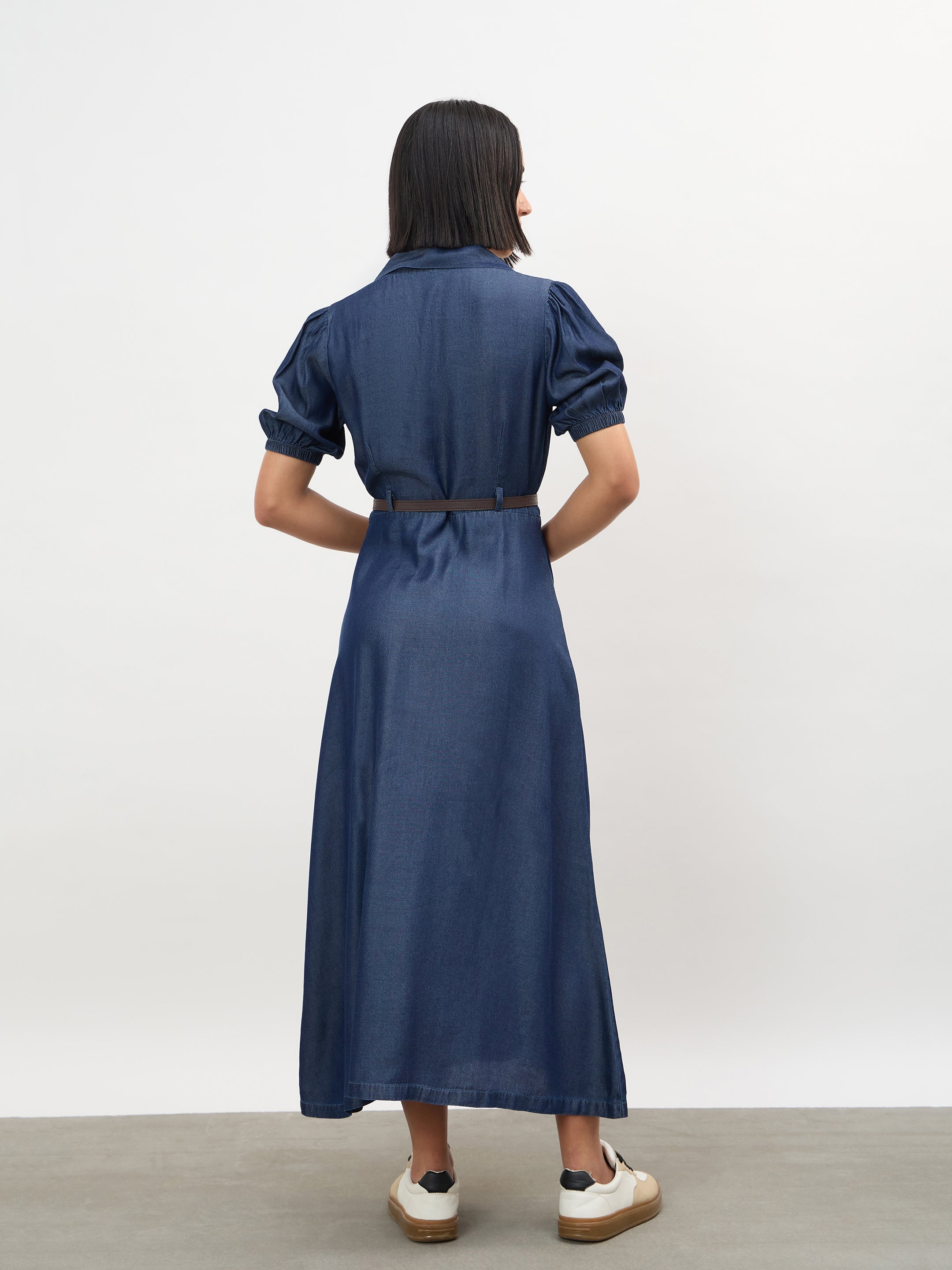 Women Navy Notch Collar Front Button Down Midi Dress