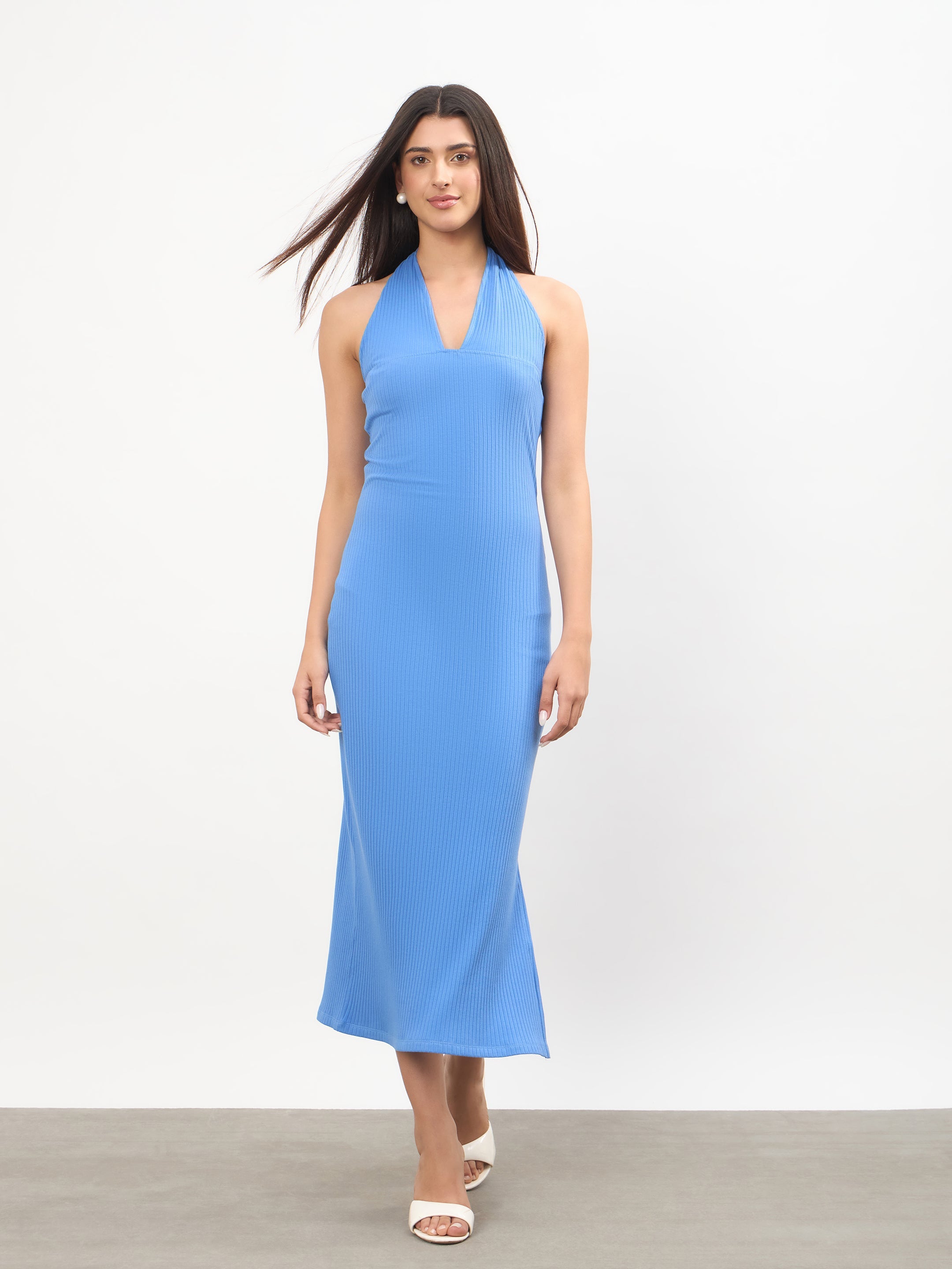 Women Blue Halter Neck Bodycon Midi Dress